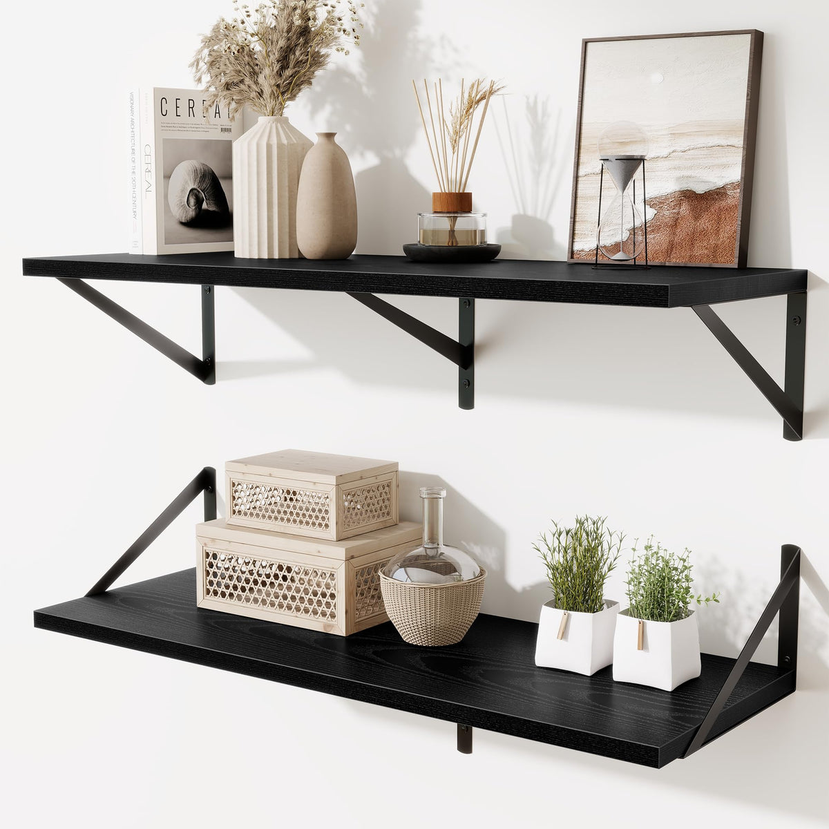 Acovy Deep Floating Shelves Wall Mounted, 36"x12" Black Wall Shelves with Brackets Set of 2 for Bedroom, Living Room, Bathroom, Kitchen, Office - Storage & Display Shelf for Decor, Books, Plants