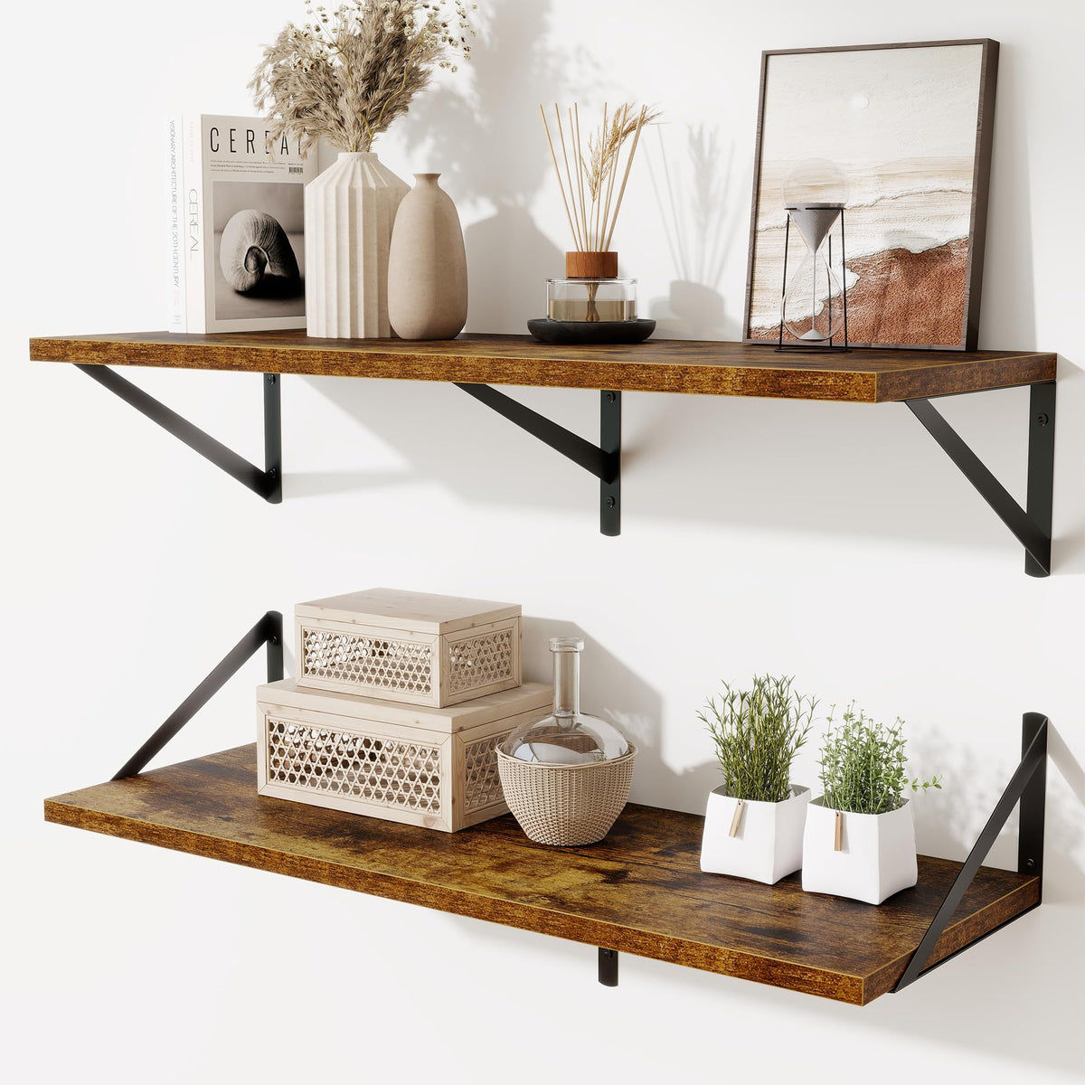 Acovy Deep Floating Shelves Wall Mounted, 36"x12" Black Wall Shelves with Brackets Set of 2 for Bedroom, Living Room, Bathroom, Kitchen, Office - Storage & Display Shelf for Decor, Books, Plants