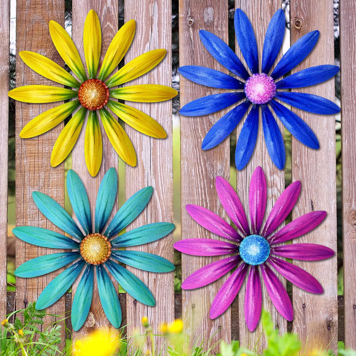 Giyyomtr Metal Flowers Wall Decor - 4pcs 6.2'' Metal Wall Art Hanging Decorations for Outdoor Fence Garden Yard Patio Exterior Home Wall Decor