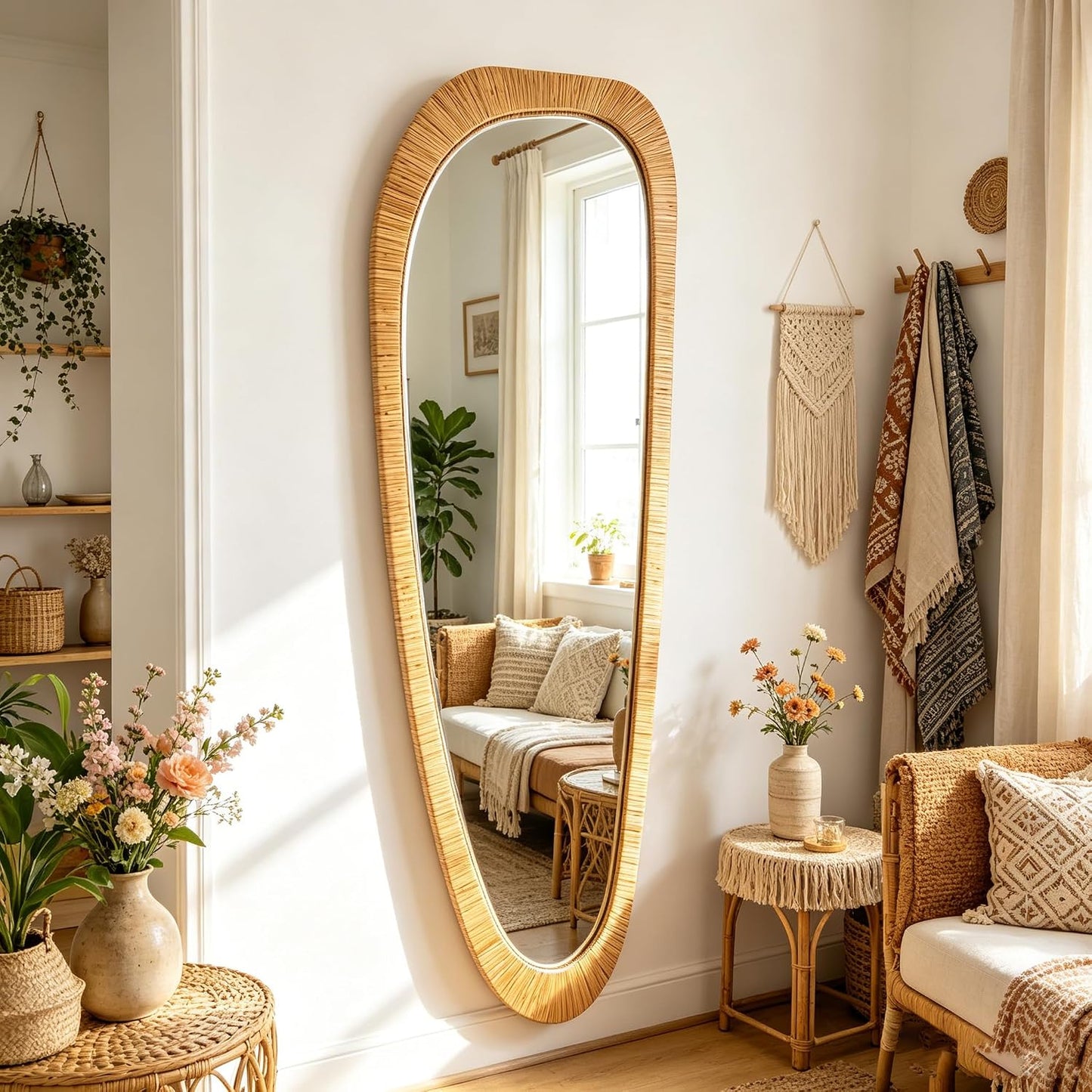 BAODANFU Irregular Natural Rattan Mirror, 18×53 Inch Full Length Wall Mirror, 4-Way Handwoven Decorative Asymmetrical Mirrors, Boho Rustic Decor for Entryway Bedroom Living Room Home