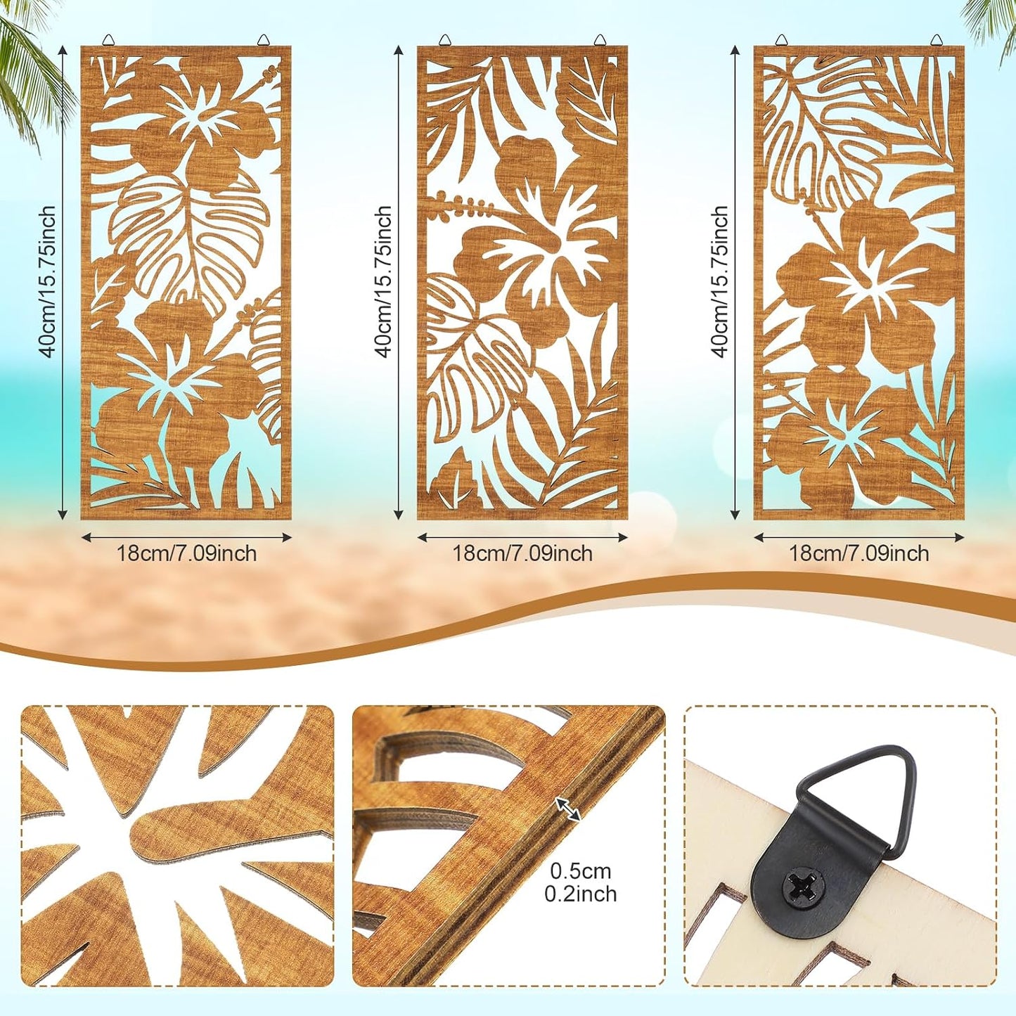 Threehoney 3 Pcs Tropical Wall Decor 3D Palm Leaf Wall Art, Classic Style