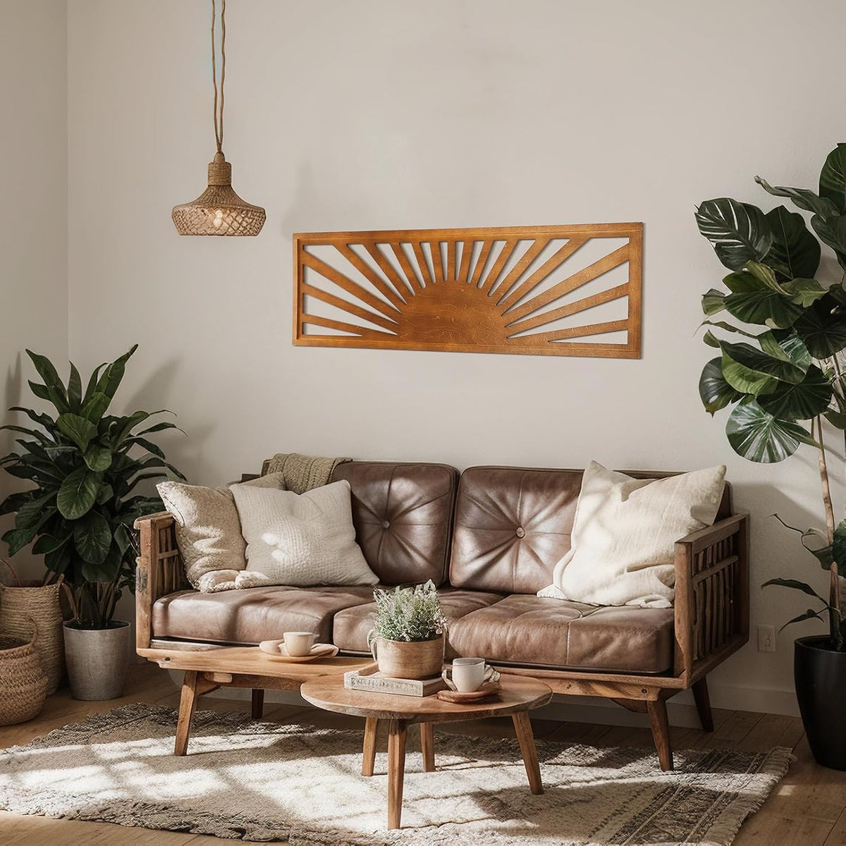 Burbell Horizontal Sun Wall Art 35"x12" Boho Wooden Room Decor,Dark Brown