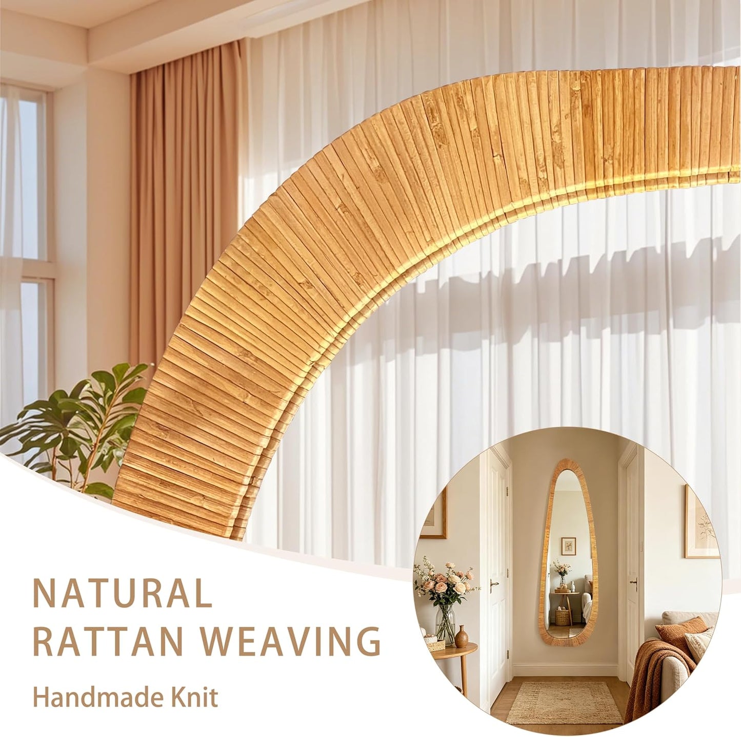 BAODANFU Irregular Natural Rattan Mirror, 18×53 Inch Full Length Wall Mirror, 4-Way Handwoven Decorative Asymmetrical Mirrors, Boho Rustic Decor for Entryway Bedroom Living Room Home