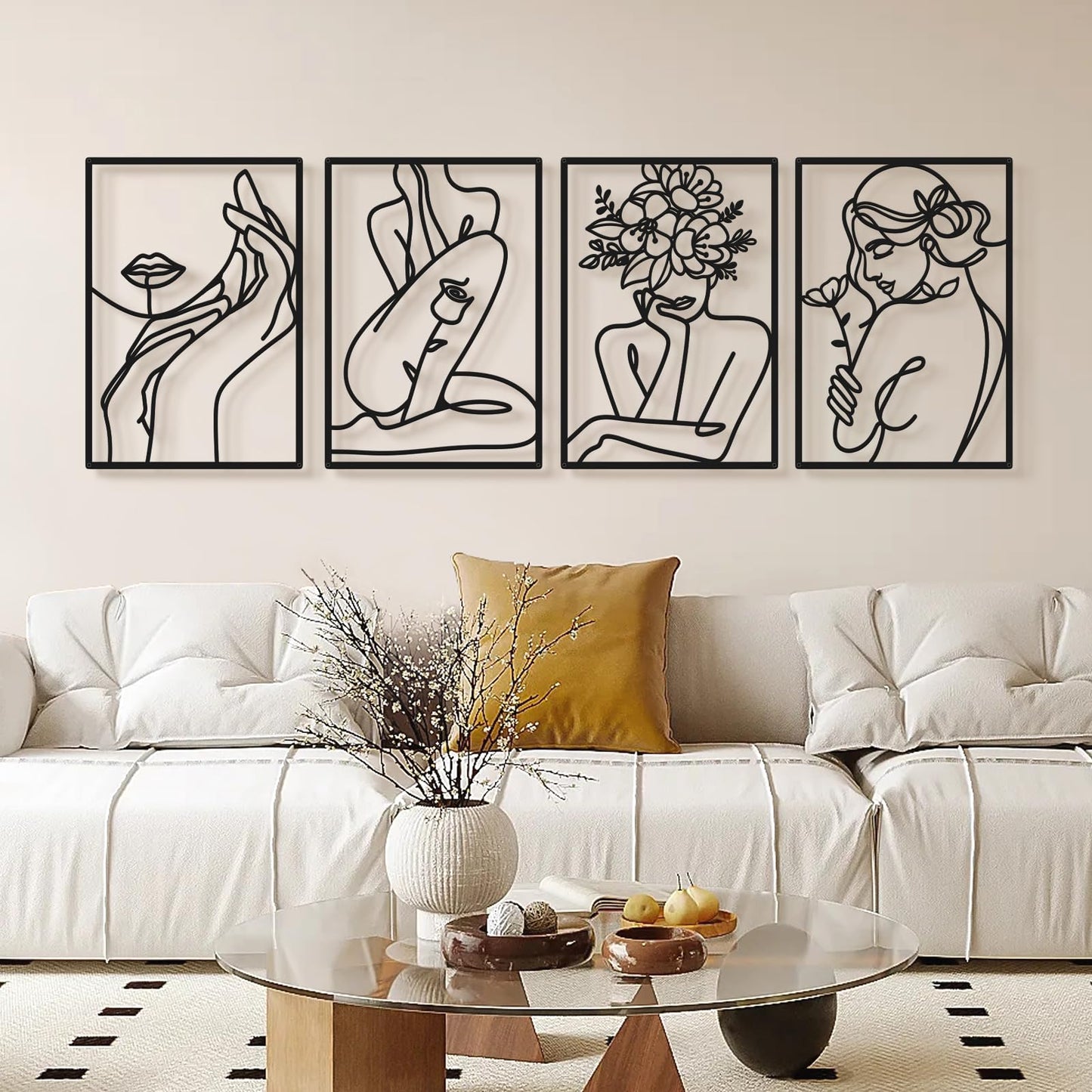 Gold Metal Abstract Wall Art, Floral Minimalist Line Decor For Bedroom