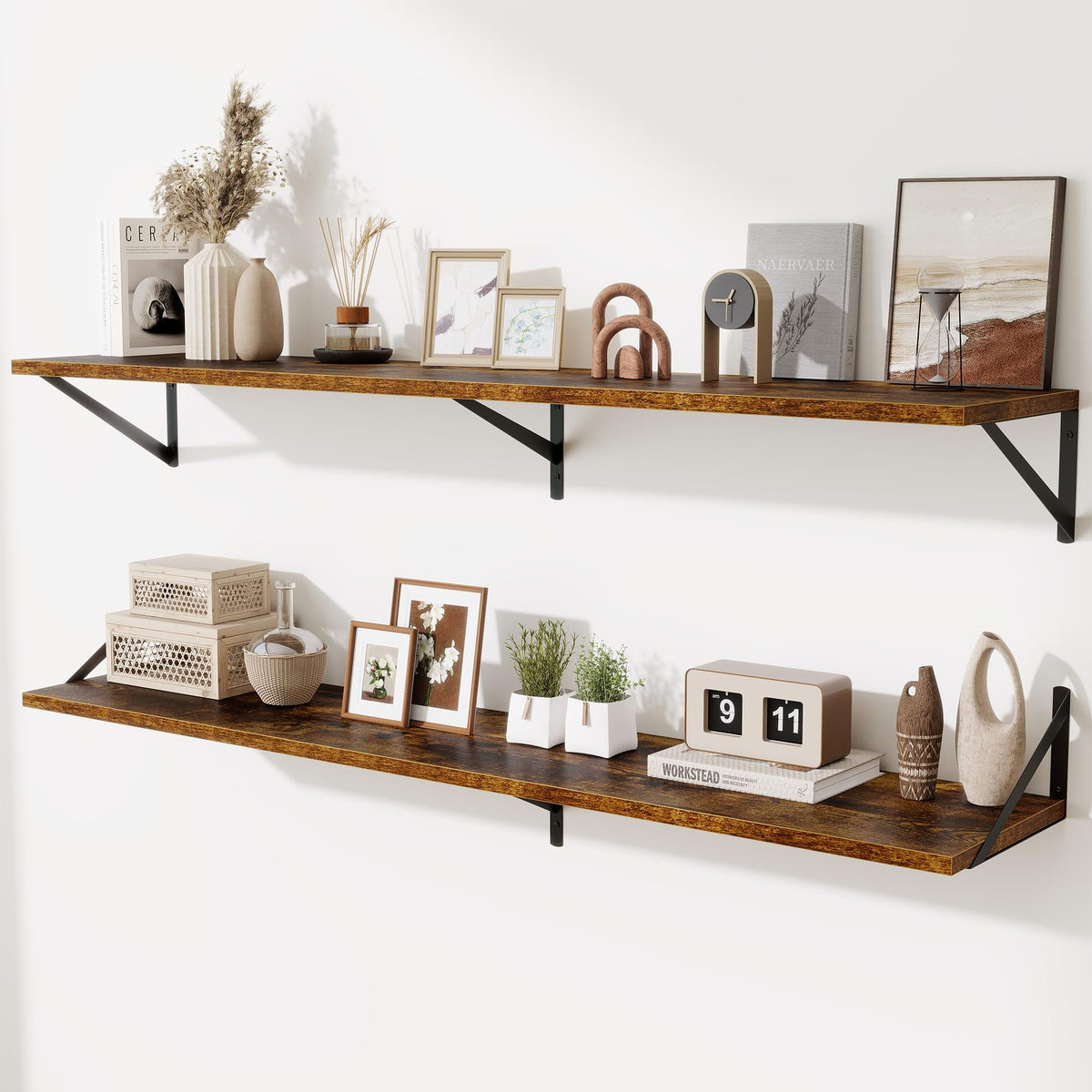Acovy Deep Floating Shelves Wall Mounted, 36"x12" Black Wall Shelves with Brackets Set of 2 for Bedroom, Living Room, Bathroom, Kitchen, Office - Storage & Display Shelf for Decor, Books, Plants
