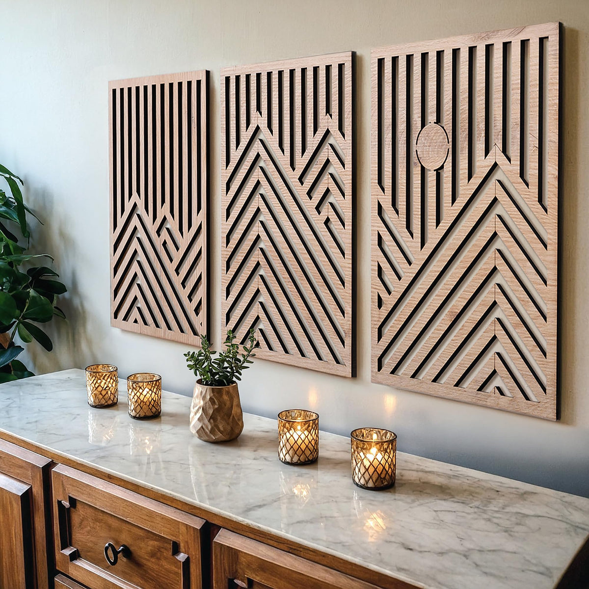 qmmp Modern Wooden Wall Sculptures - Set of 3 - Home Decor Accent - Large Wall Art for Living Room, Bedroom, Office - Easy Installation (Walnut, Medium - Mountain and Sun)