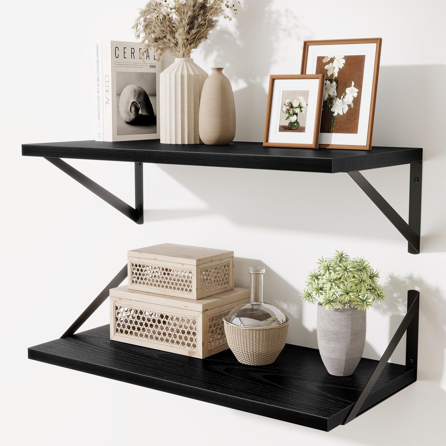Acovy Deep Floating Shelves Wall Mounted, 36"x12" Black Wall Shelves with Brackets Set of 2 for Bedroom, Living Room, Bathroom, Kitchen, Office - Storage & Display Shelf for Decor, Books, Plants