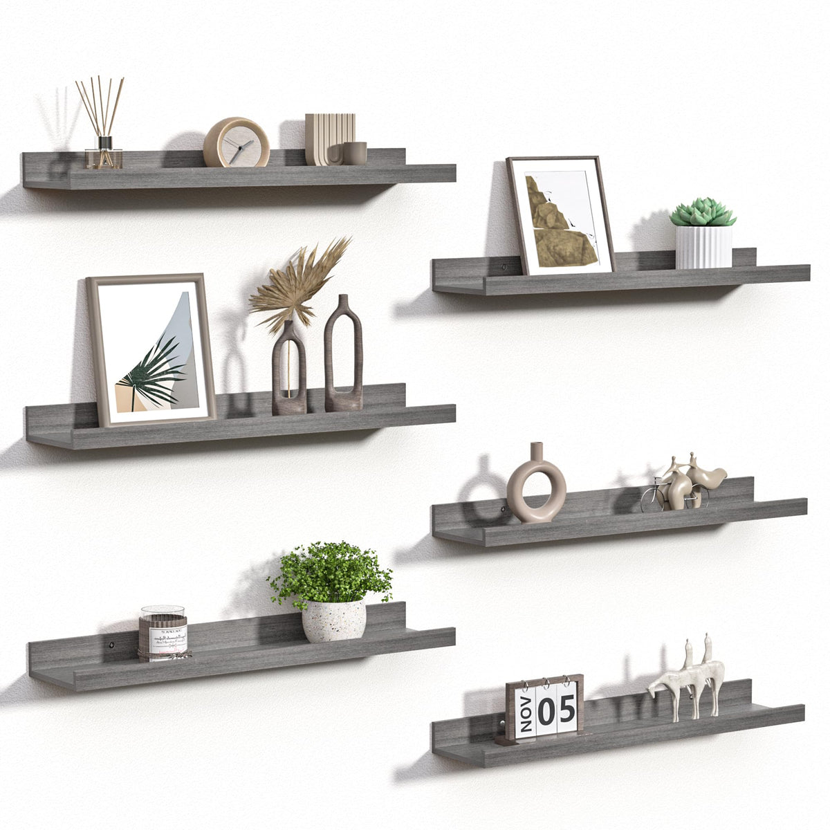 upsimples Floating Shelves for Wall Decor and Storage, Brown, 6Pcs 15.7''