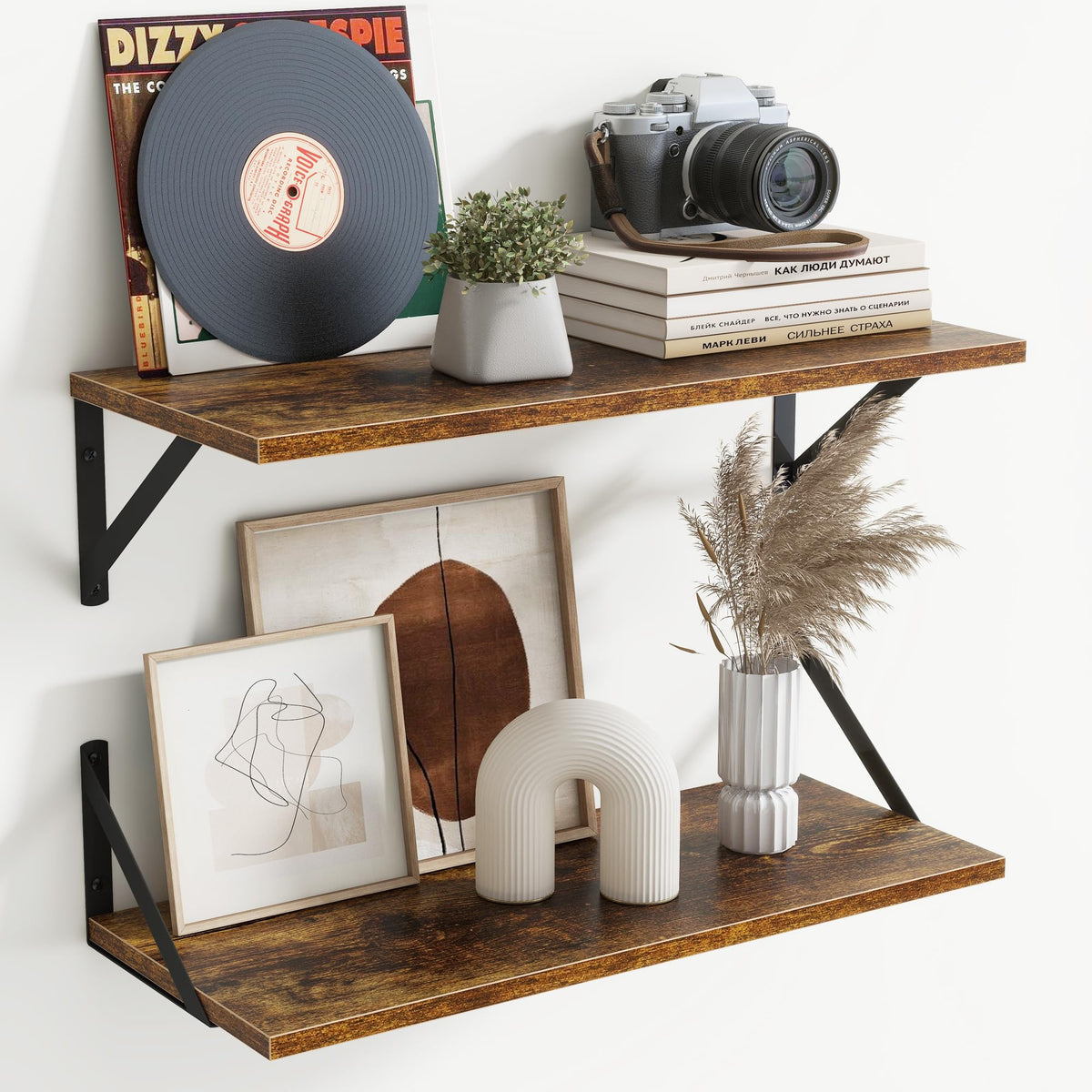 Acovy Deep Floating Shelves Wall Mounted, 36"x12" Black Wall Shelves with Brackets Set of 2 for Bedroom, Living Room, Bathroom, Kitchen, Office - Storage & Display Shelf for Decor, Books, Plants
