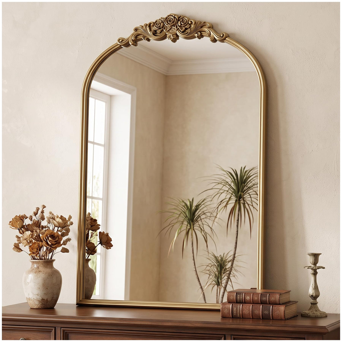 Antique Gold Arched Wall Mirror, 36" x 28" Beaded Mirror