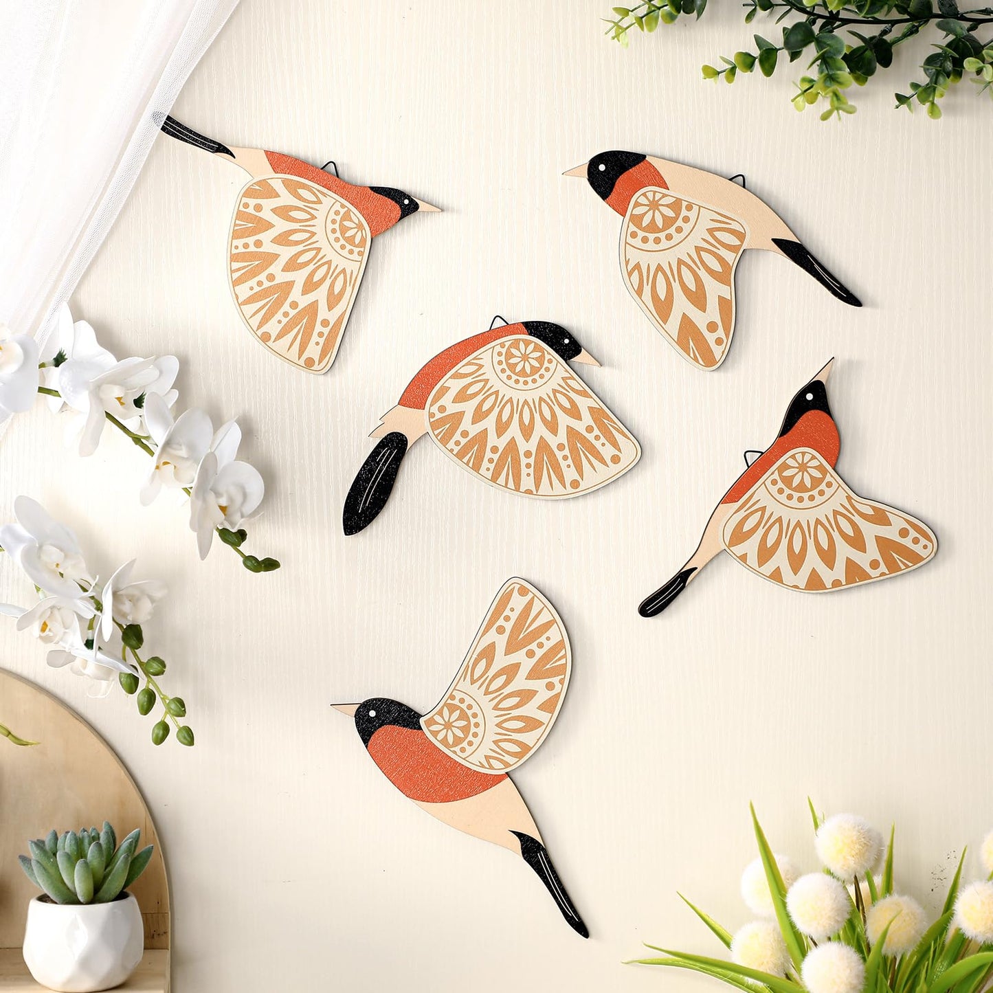 Barydat 5 Pcs Wooden Bird Wall Art decor folk Birds art Decor,Black