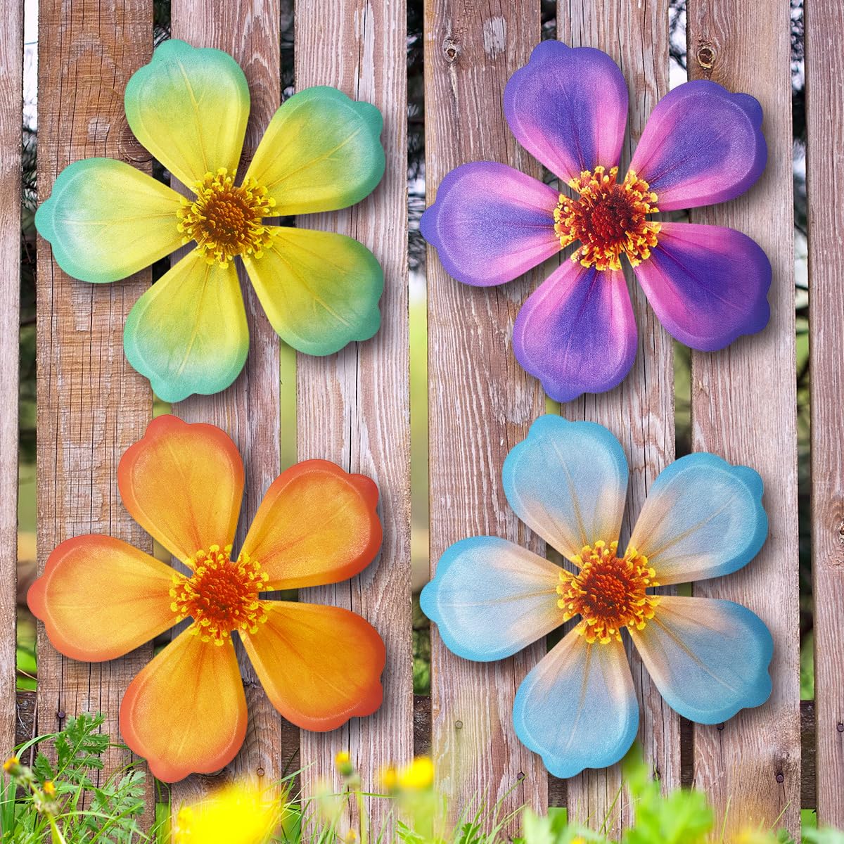 Giyyomtr Metal Flowers Wall Decor - 4pcs 6.2'' Metal Wall Art Hanging Decorations for Outdoor Fence Garden Yard Patio Exterior Home Wall Decor