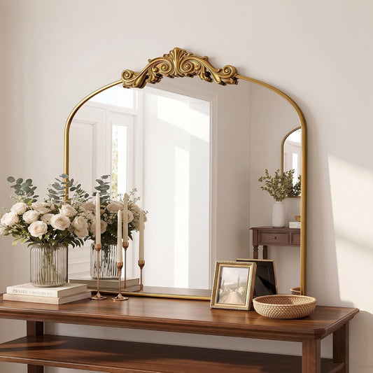 Vintage Bronze Arched Wall Mirror, 30"x36" Antique Metal Frame