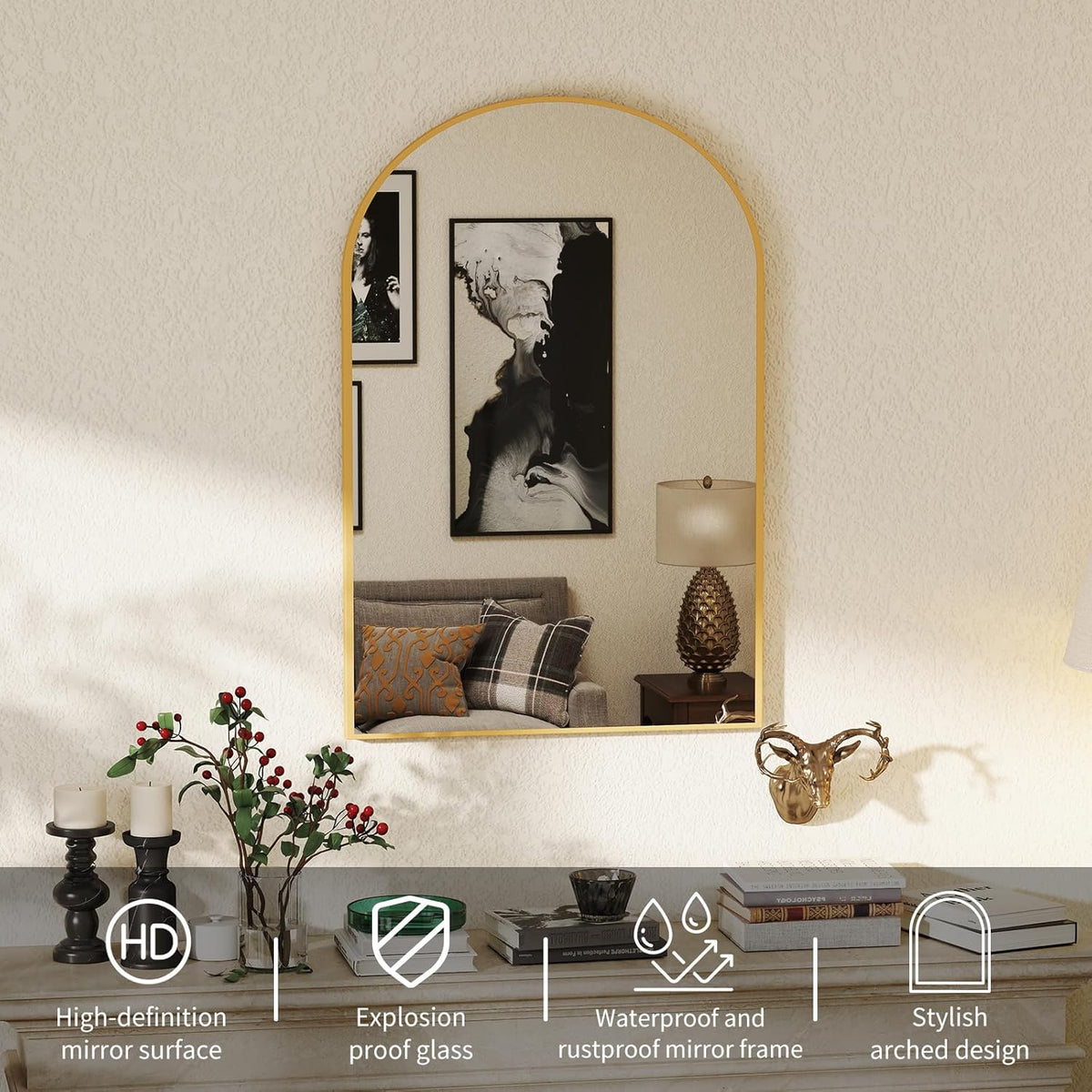 NEWBULIG 20X30 Inch Arched Bathroom Wall Mirror for Over Sink, Gold
