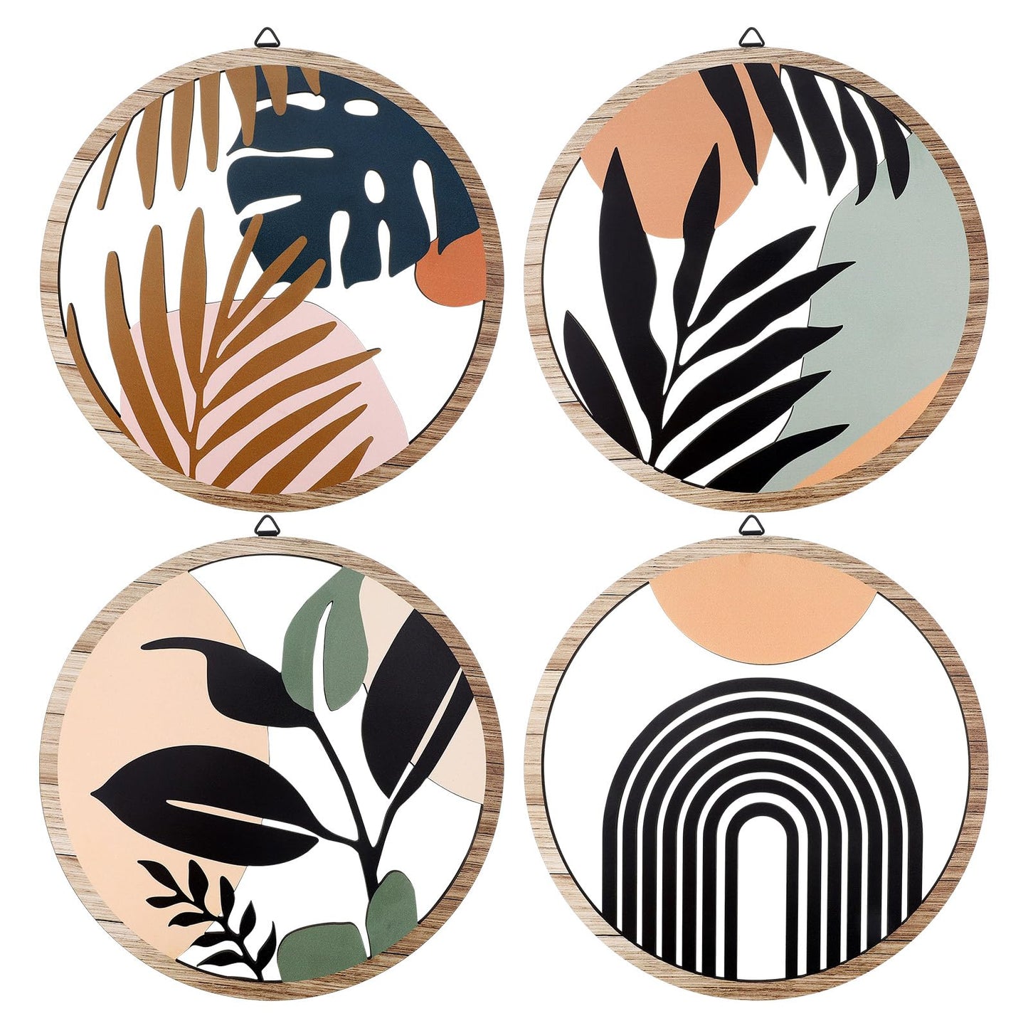 Qunclay 4 Pcs Boho Wall Art Bohemian Wood Round Circle Wall Decor Stylish