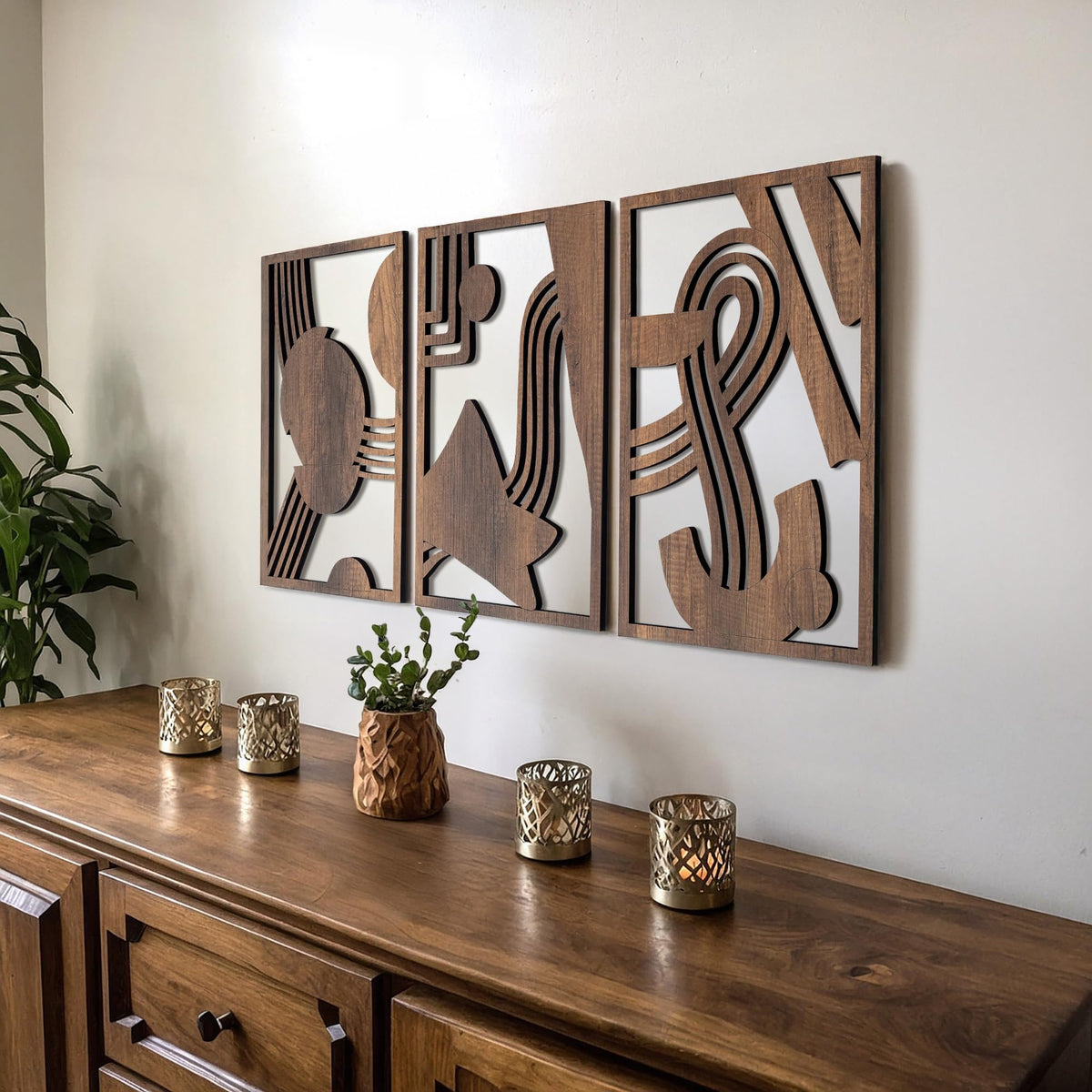 qmmp Modern Wooden Wall Sculptures - Set of 3 - Home Decor Accent - Large Wall Art for Living Room, Bedroom, Office - Easy Installation (Walnut, Medium - Mountain and Sun)