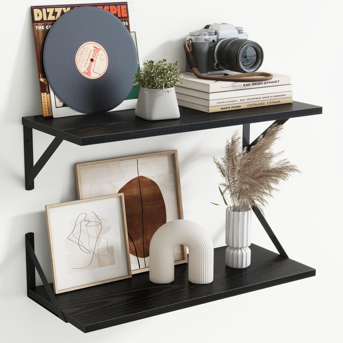 Acovy Deep Floating Shelves Wall Mounted, 36"x12" Black Wall Shelves with Brackets Set of 2 for Bedroom, Living Room, Bathroom, Kitchen, Office - Storage & Display Shelf for Decor, Books, Plants
