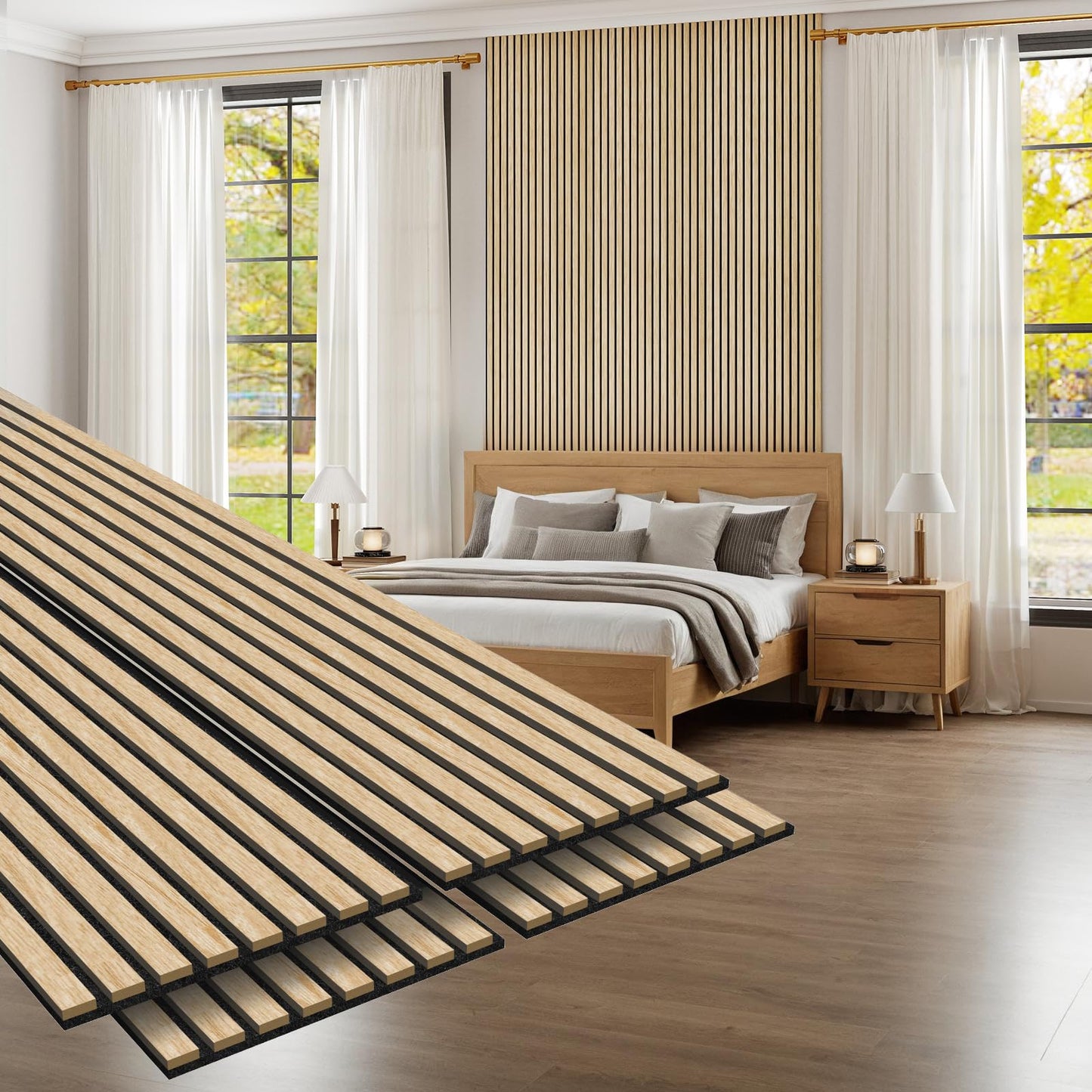MISSDAY Wood Slat Acoustic Wall Panels, 2 Packs 94.5" x 12.6" Black Soundproof Panel For Interior Wall Decor Noise Absorbing-3D Textured Wooden Panel Sound-Absorbing for Home, Office, Studio