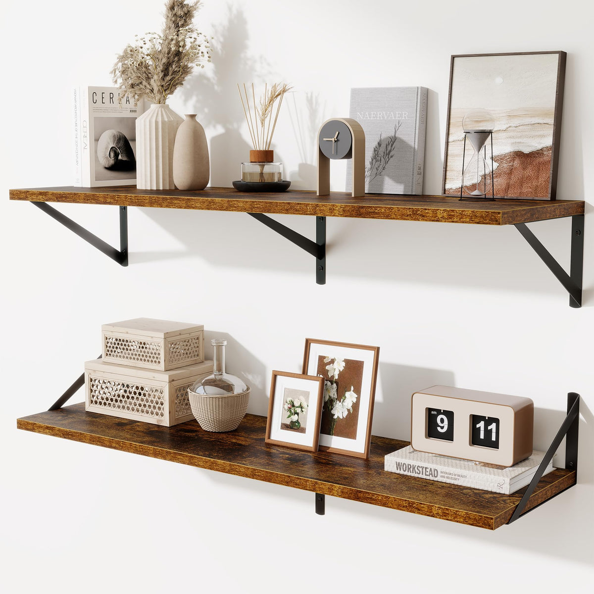 Acovy Deep Floating Shelves Wall Mounted, 36"x12" Black Wall Shelves with Brackets Set of 2 for Bedroom, Living Room, Bathroom, Kitchen, Office - Storage & Display Shelf for Decor, Books, Plants