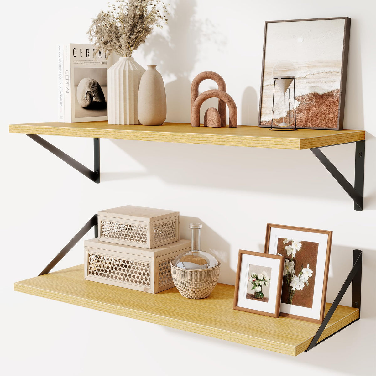 Acovy Deep Floating Shelves Wall Mounted, 36"x12" Black Wall Shelves with Brackets Set of 2 for Bedroom, Living Room, Bathroom, Kitchen, Office - Storage & Display Shelf for Decor, Books, Plants