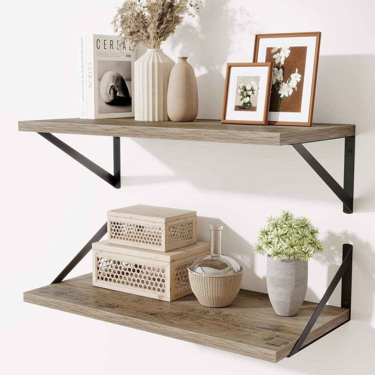Acovy Deep Floating Shelves Wall Mounted, 36"x12" Brown Wood Shelves with Brackets Set of 2 for Bedroom, Living Room, Bathroom, Kitchen, Office - Storage & Display Shelf for Decor, Books, Plants