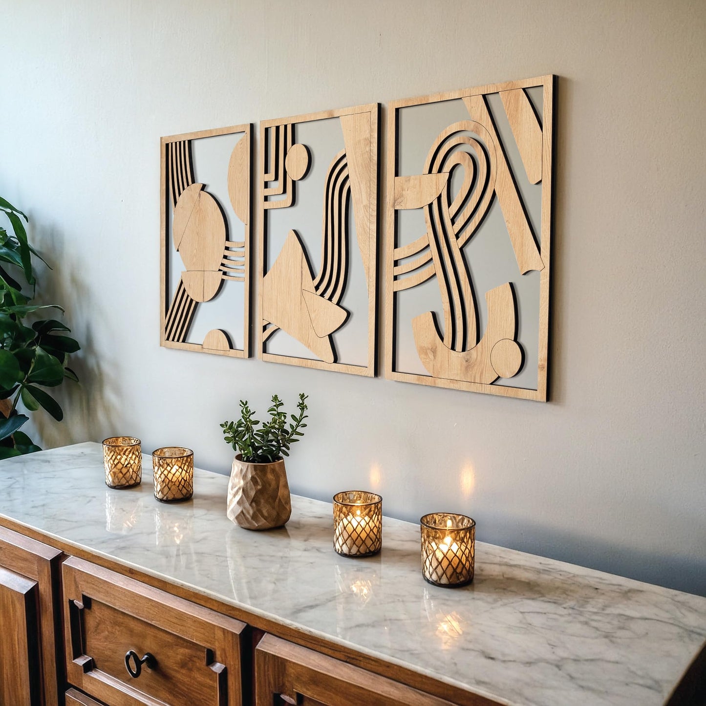 qmmp Modern Wooden Wall Sculptures - Set of 3 - Home Decor Accent - Large Wall Art for Living Room, Bedroom, Office - Easy Installation (Walnut, Medium - Mountain and Sun)