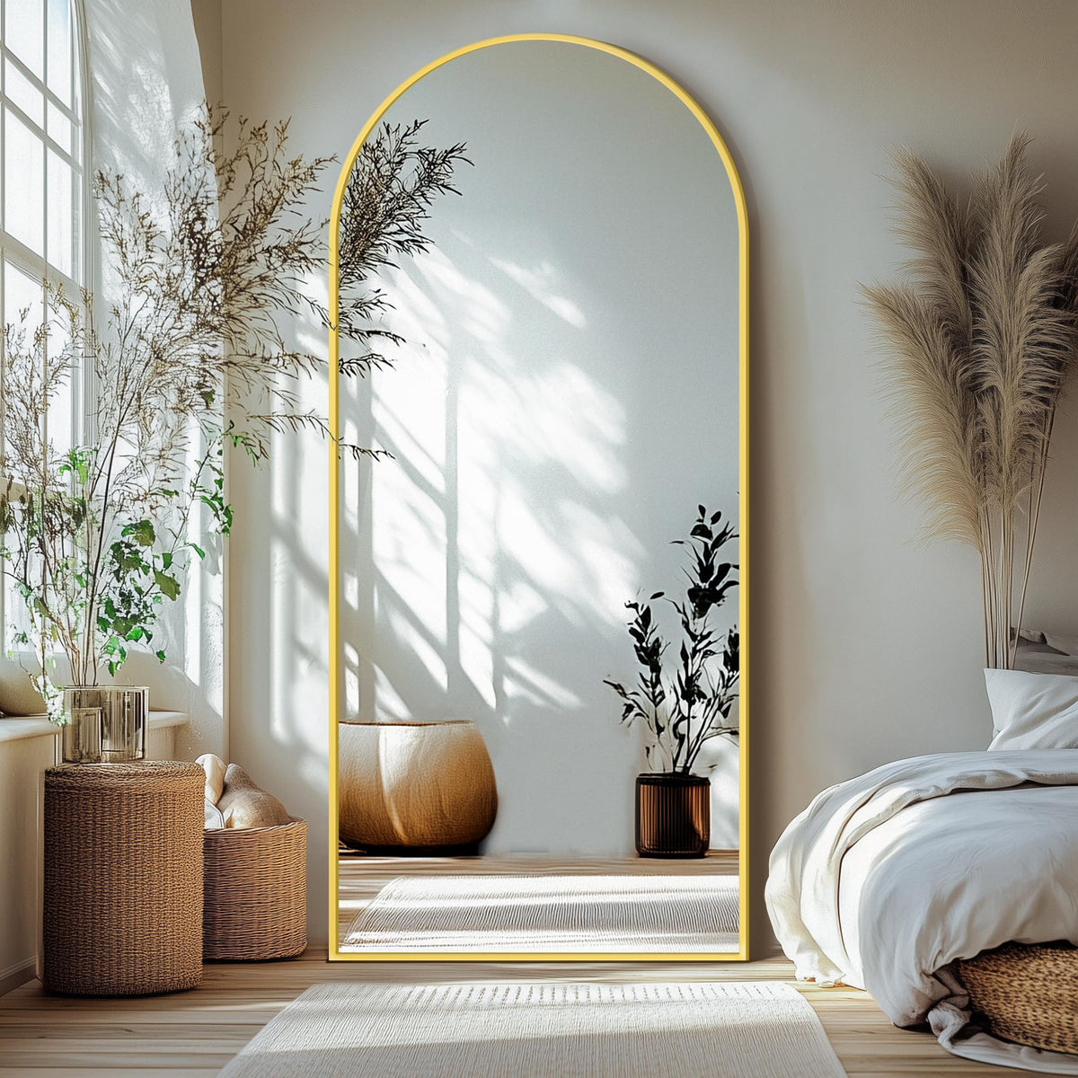 Delma Arched Full Length Mirror with Stand, Black Floor Mirror
