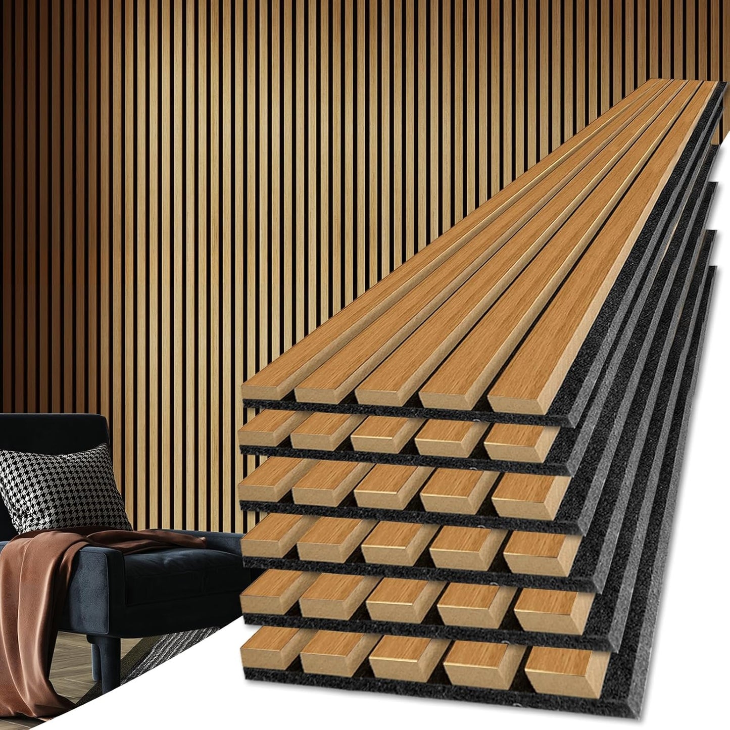 Art3d 6-Pack Soundproof Wood Slat Wall Panels, 94.5 x 7.9 Inch, Walnut