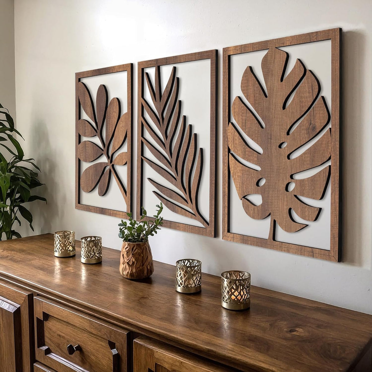 qmmp Modern Wooden Wall Sculptures - Set of 3 - Home Decor Accent - Large Wall Art for Living Room, Bedroom, Office - Easy Installation (Walnut, Large - Tree Leaves)