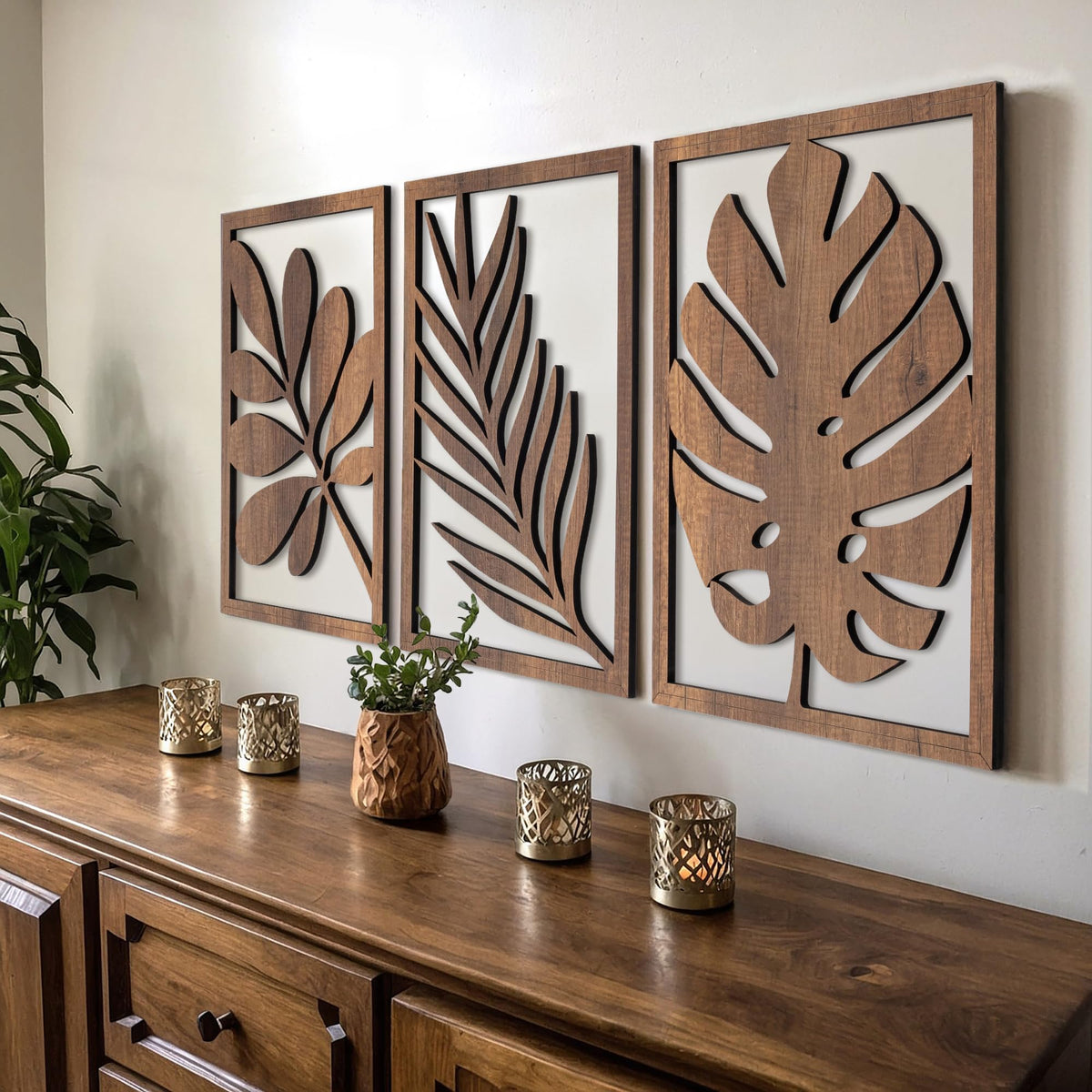 qmmp Modern Wooden Wall Sculptures - Set of 3 - Home Decor Accent - Large Wall Art for Living Room, Bedroom, Office - Easy Installation (Walnut, Medium - Mountain and Sun)