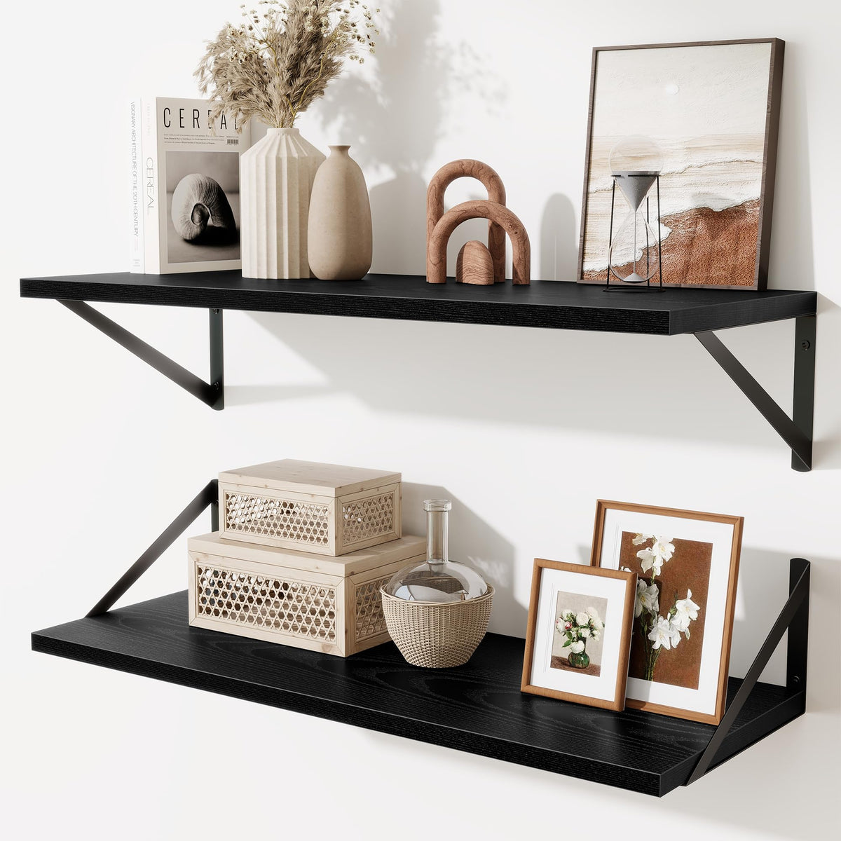 Acovy Deep Floating Shelves Wall Mounted, 36"x12" Brown Wood Shelves with Brackets Set of 2 for Bedroom, Living Room, Bathroom, Kitchen, Office - Storage & Display Shelf for Decor, Books, Plants
