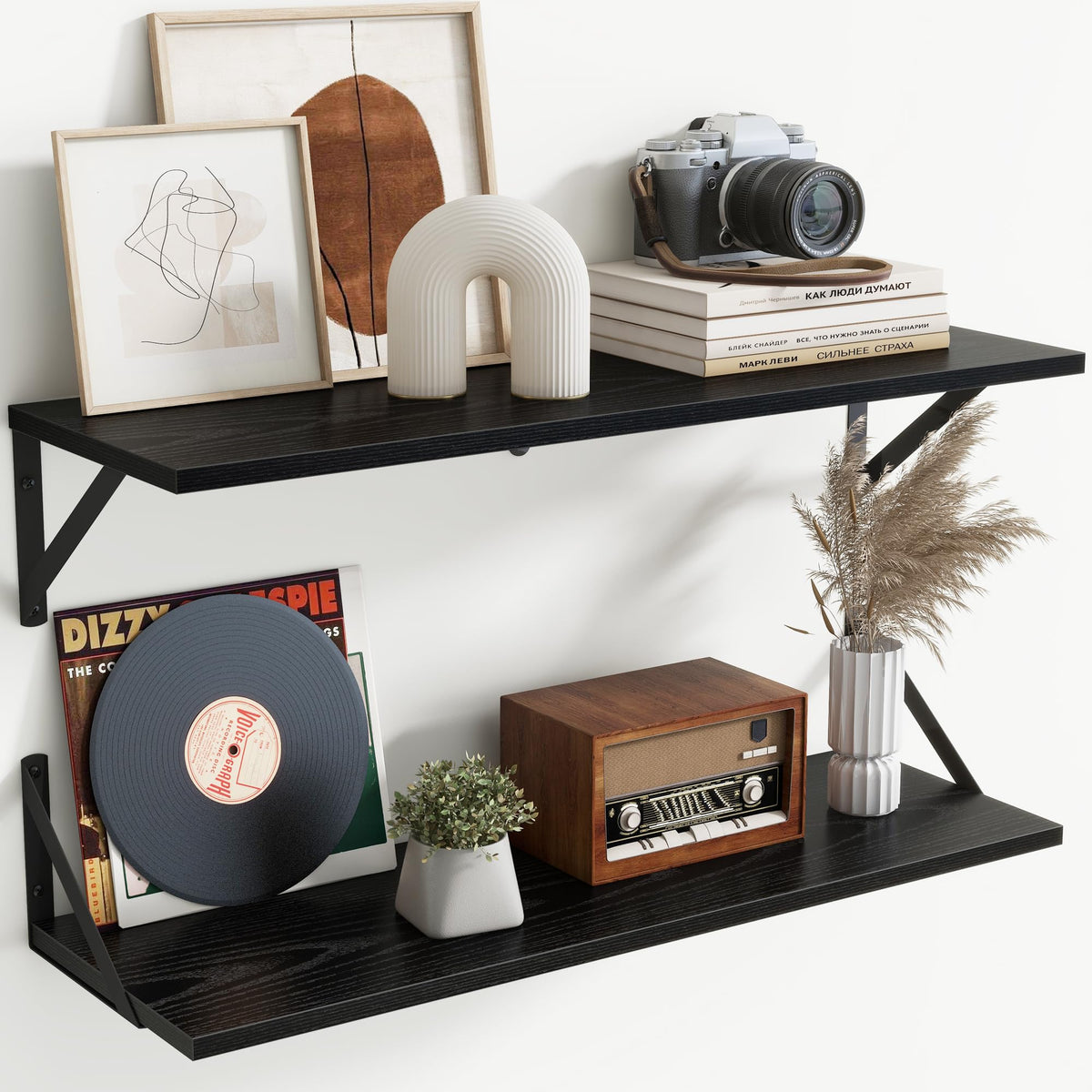 Acovy Deep Floating Shelves Wall Mounted, 36"x12" Brown Wood Shelves with Brackets Set of 2 for Bedroom, Living Room, Bathroom, Kitchen, Office - Storage & Display Shelf for Decor, Books, Plants