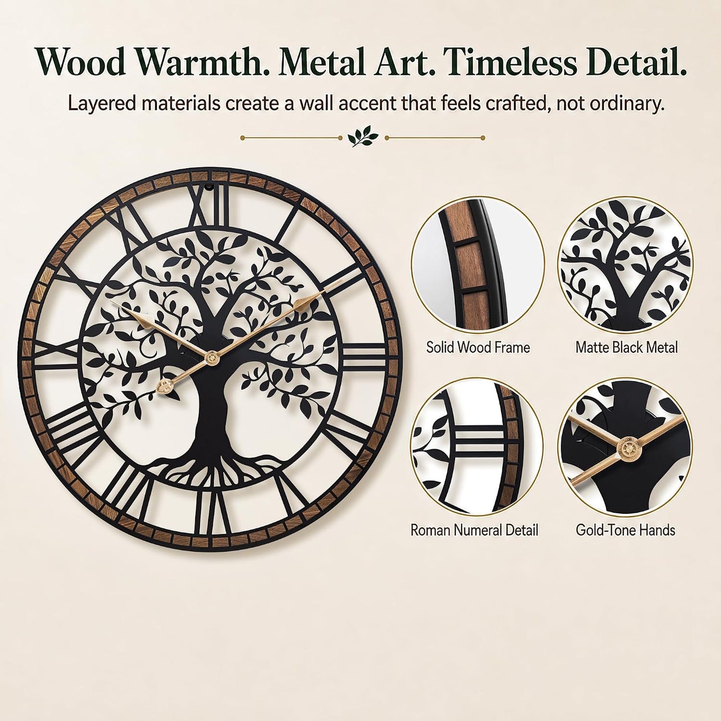 24 Inch Large Modern Metal Tree Wall Clock for Living Room Decor,Wood Frame