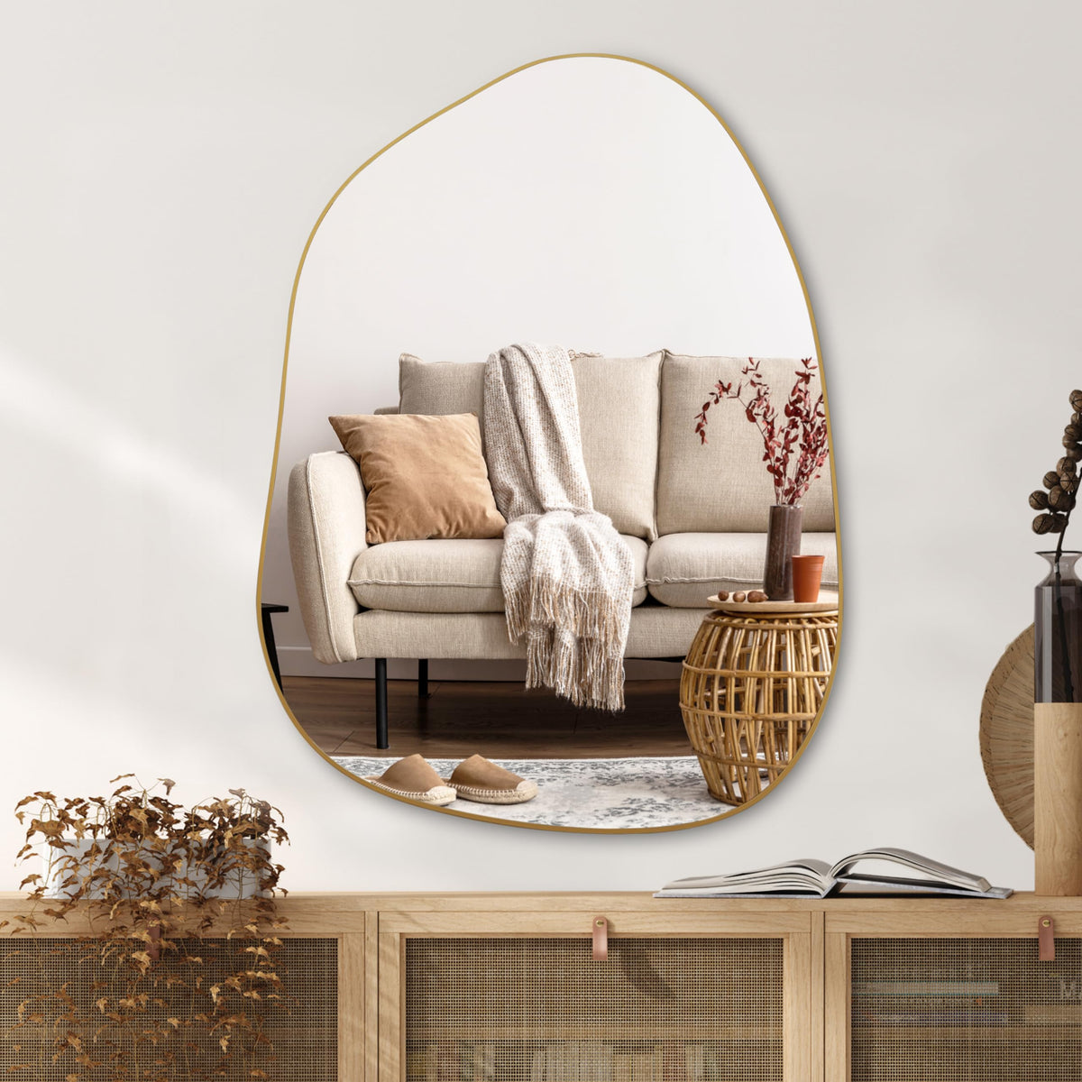 PERFNIQUE Irregular Asymmetrical Wall Mirror, 32"x24" Gold Bathroom Mirror