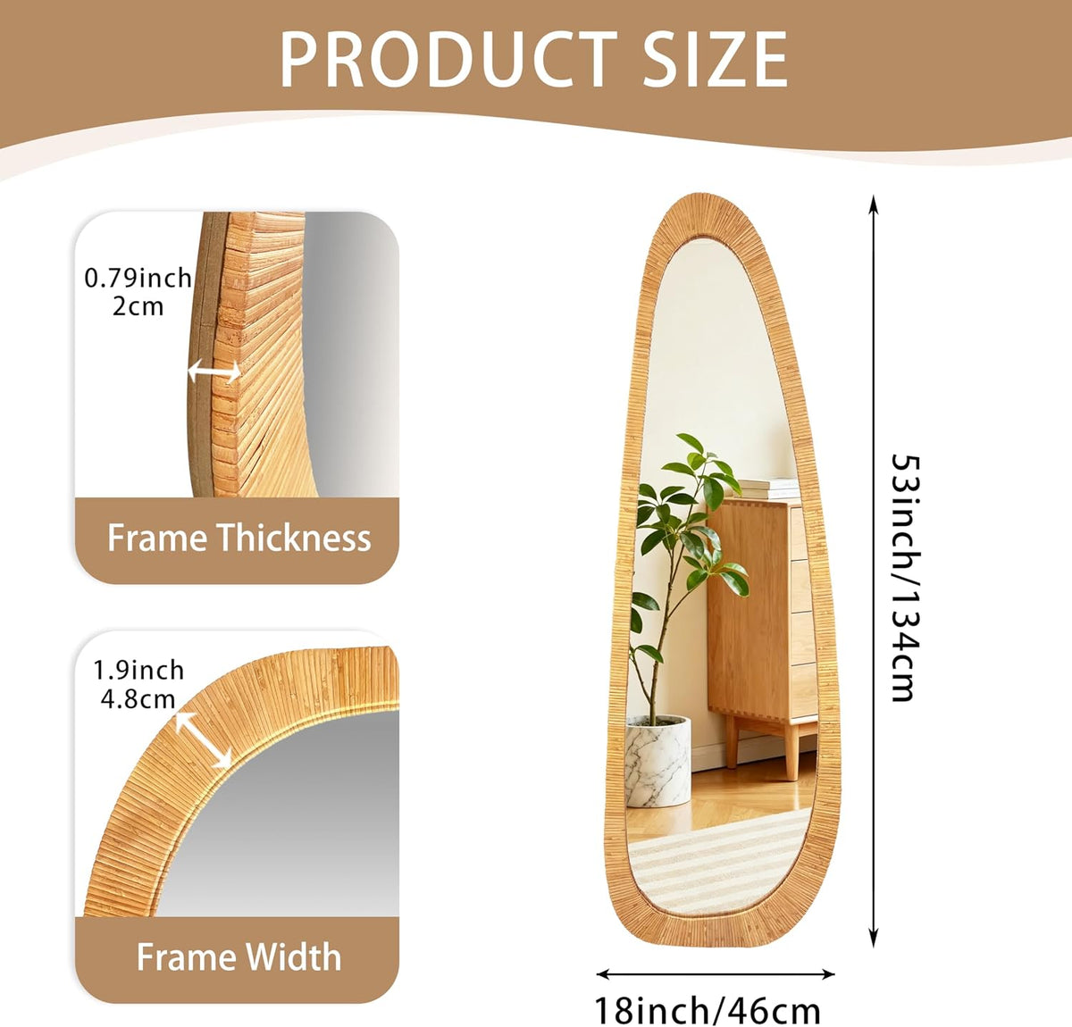BAODANFU Irregular Natural Rattan Mirror, 18×53 Inch Full Length Wall Mirror, 4-Way Handwoven Decorative Asymmetrical Mirrors, Boho Rustic Decor for Entryway Bedroom Living Room Home
