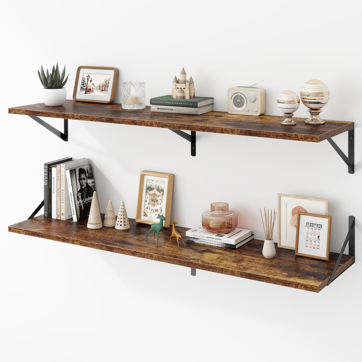 Acovy Deep Floating Shelves Wall Mounted, 36"x12" Black Wall Shelves with Brackets Set of 2 for Bedroom, Living Room, Bathroom, Kitchen, Office - Storage & Display Shelf for Decor, Books, Plants