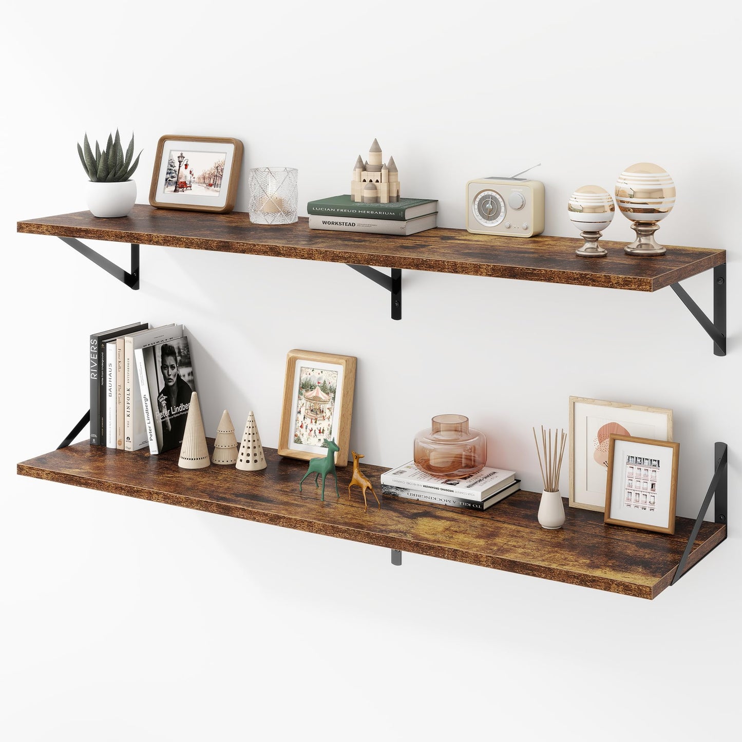 Acovy Deep Floating Shelves Wall Mounted, 36"x12" Brown Wood Shelves with Brackets Set of 2 for Bedroom, Living Room, Bathroom, Kitchen, Office - Storage & Display Shelf for Decor, Books, Plants