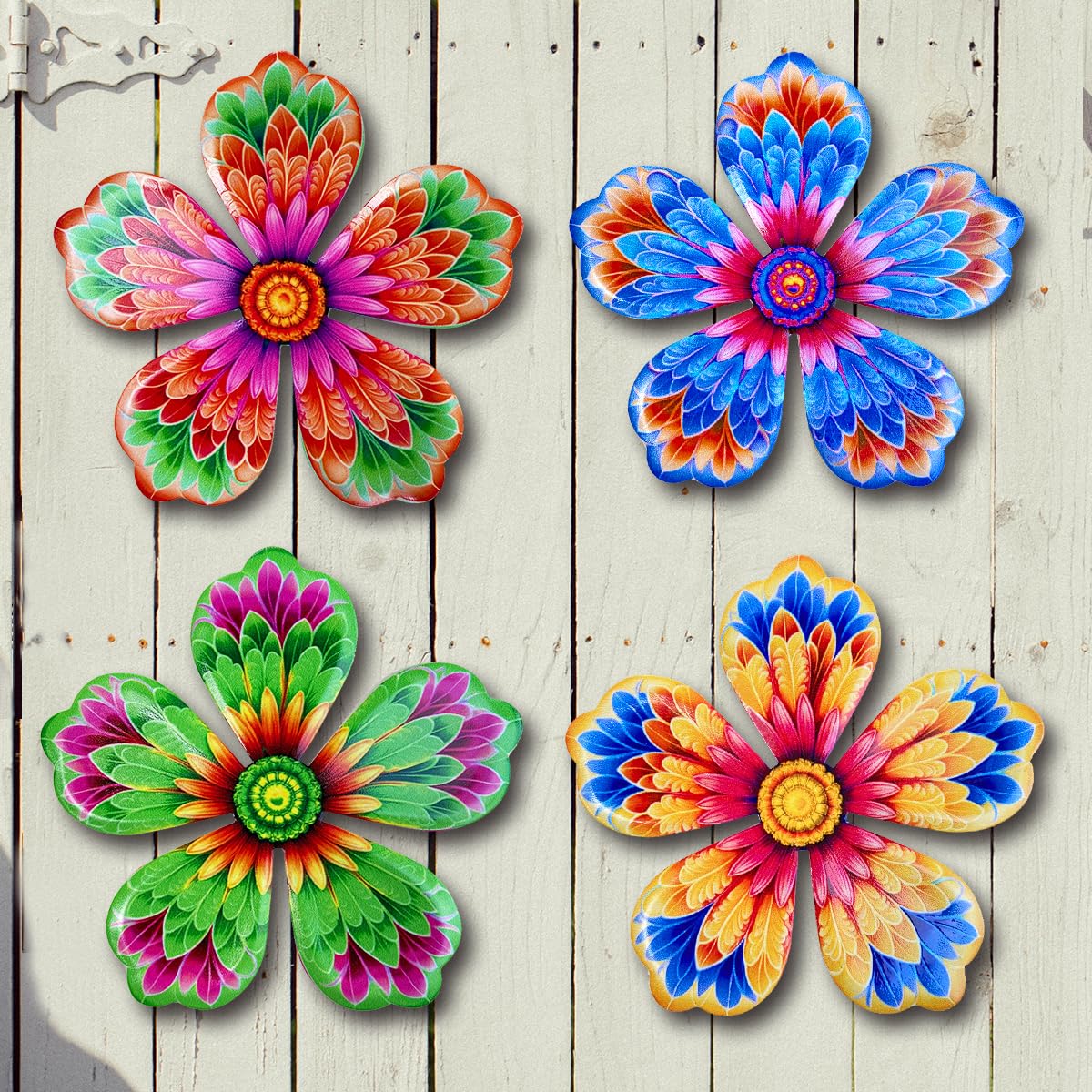 Giyyomtr Metal Flowers Wall Decor - 4pcs 6.2'' Metal Wall Art Hanging Decorations for Outdoor Fence Garden Yard Patio Exterior Home Wall Decor