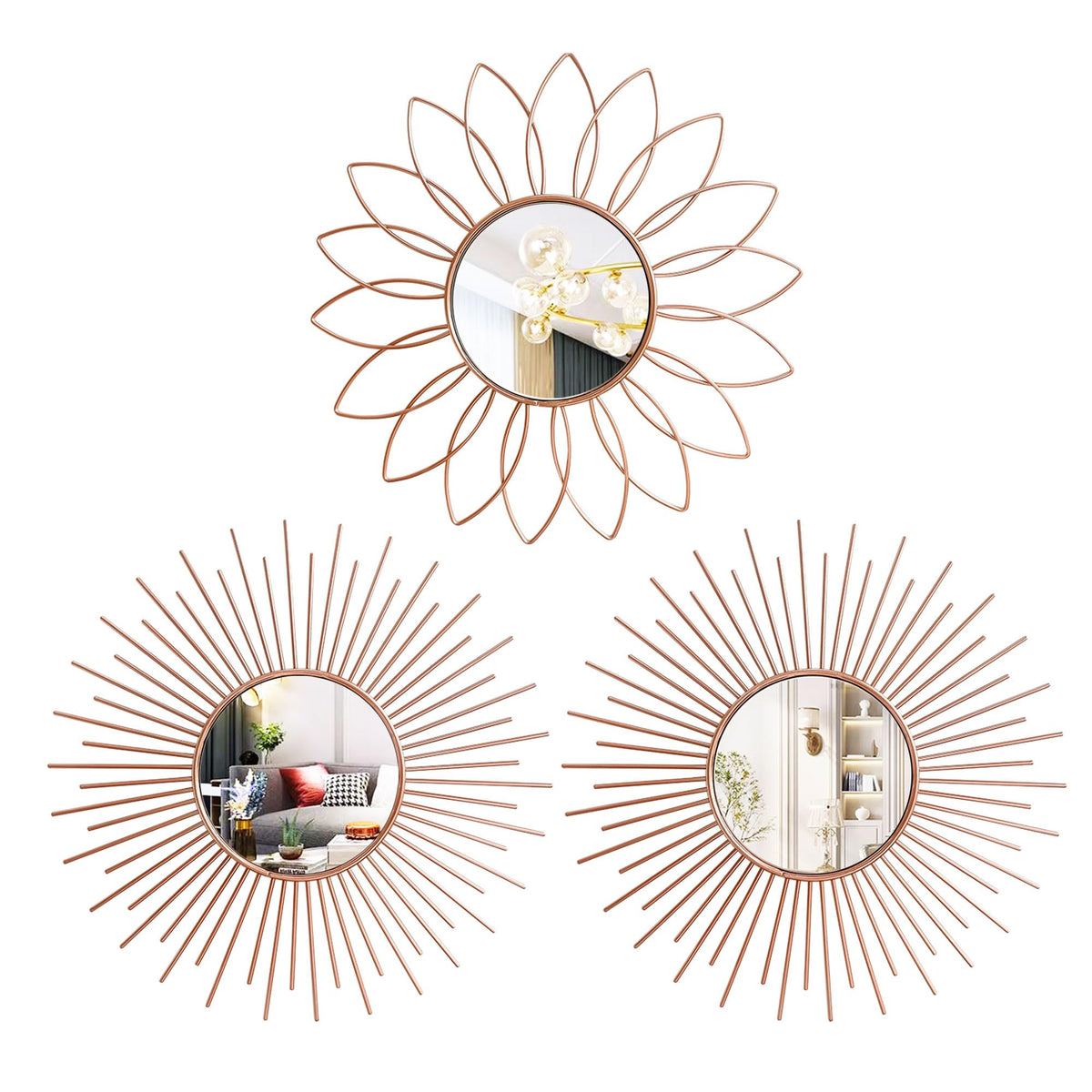 3 Pack Metal Mirrors for Wall Sunburst Wall Mirrors Home Décor Decorative Hanging Wall Art for Living Room Bedroom Entryway (Gold, Flower+Sunburst)
