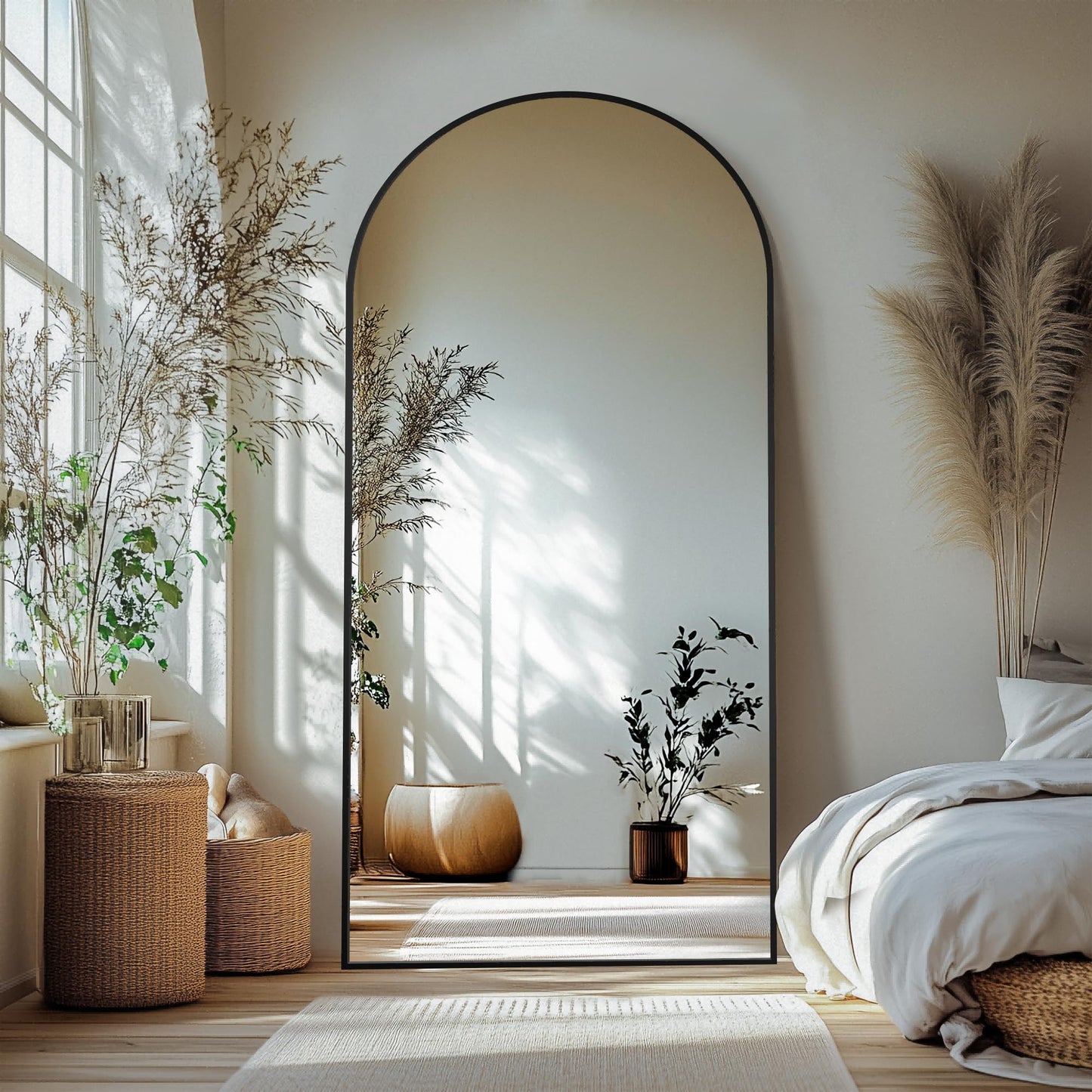 Delma Arched Full Length Mirror with Stand, Black Floor Mirror