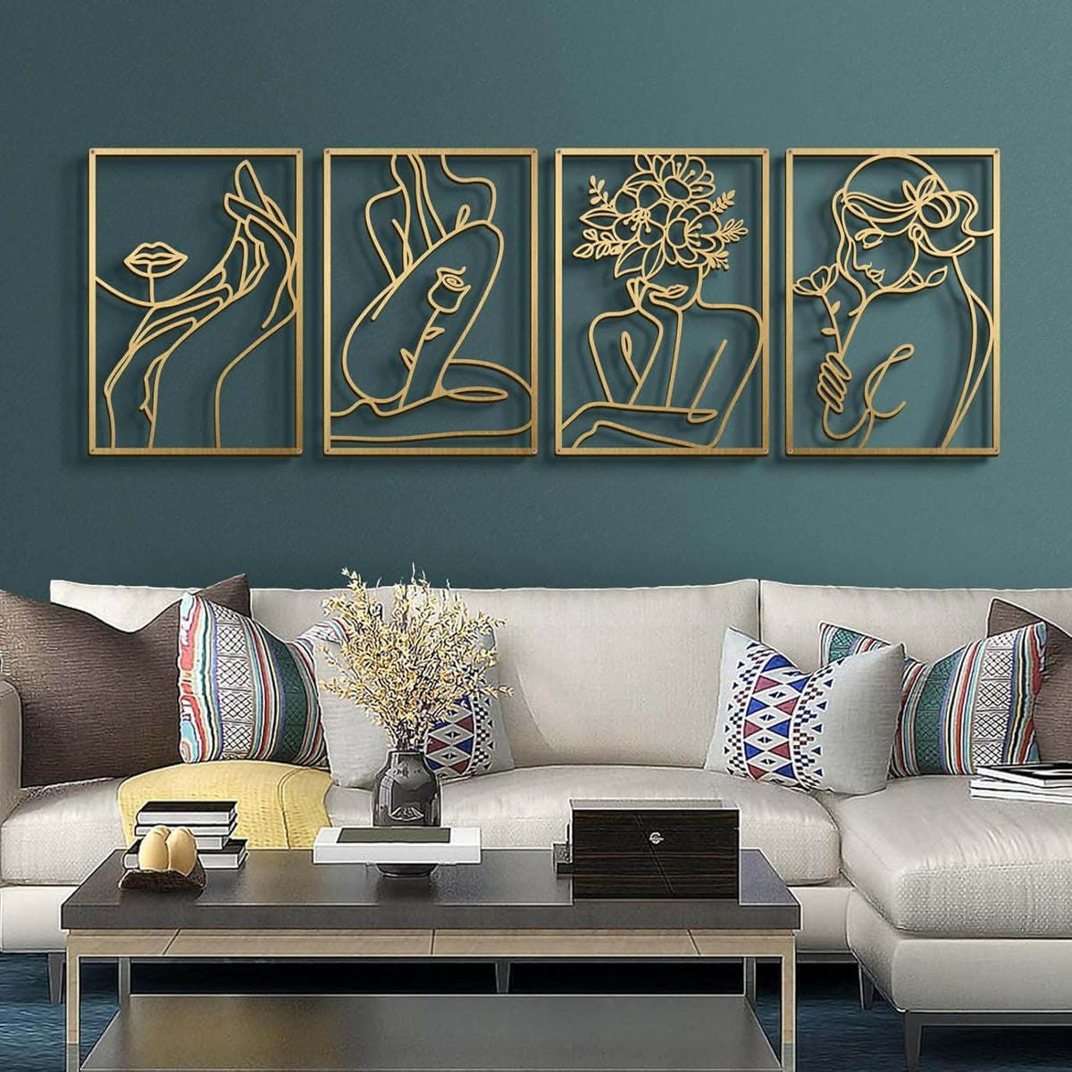 Gold Metal Abstract Wall Art, Floral Minimalist Line Decor For Bedroom