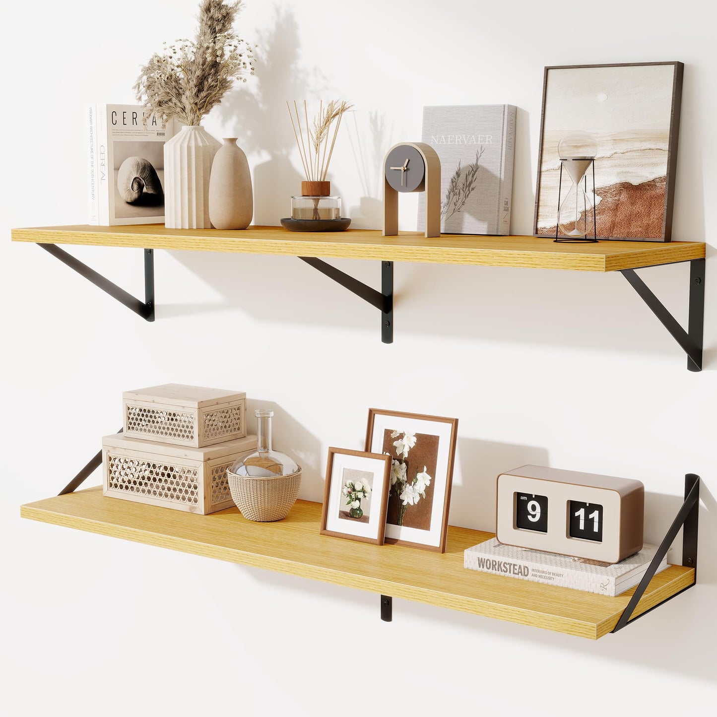 Acovy Deep Floating Shelves Wall Mounted, 36"x12" Brown Wood Shelves with Brackets Set of 2 for Bedroom, Living Room, Bathroom, Kitchen, Office - Storage & Display Shelf for Decor, Books, Plants