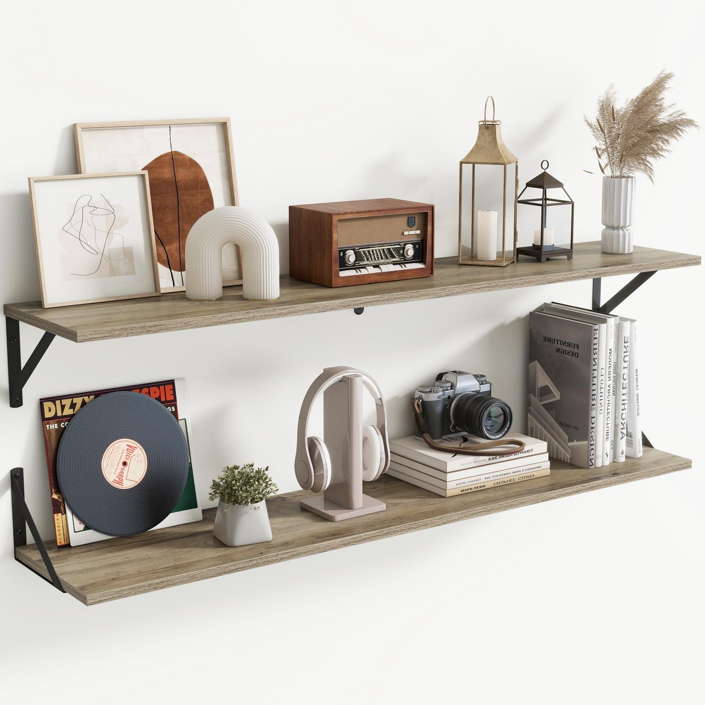 Acovy Deep Floating Shelves Wall Mounted, 36"x12" Brown Wood Shelves with Brackets Set of 2 for Bedroom, Living Room, Bathroom, Kitchen, Office - Storage & Display Shelf for Decor, Books, Plants