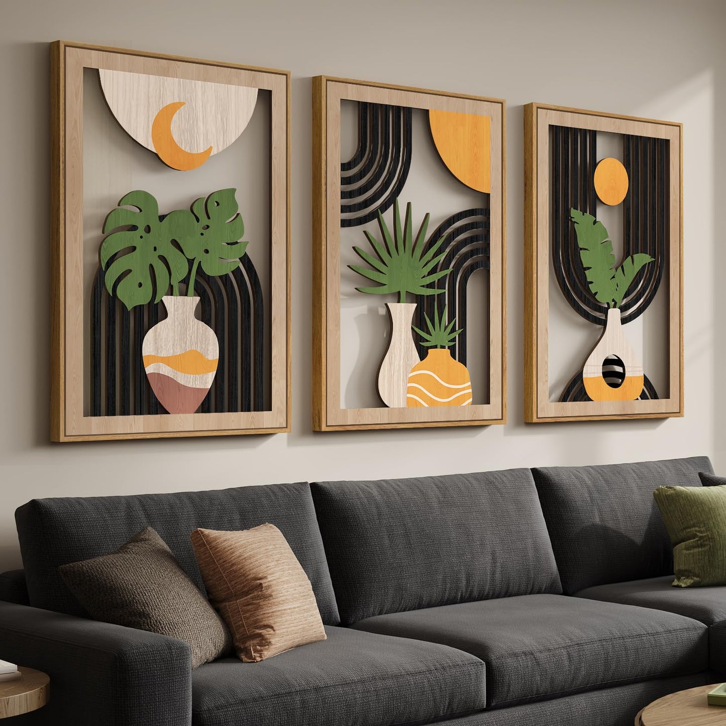 Framed Boho Cutout Carved Wood Wall Art Decor for Living Room, 24x36 Inch
