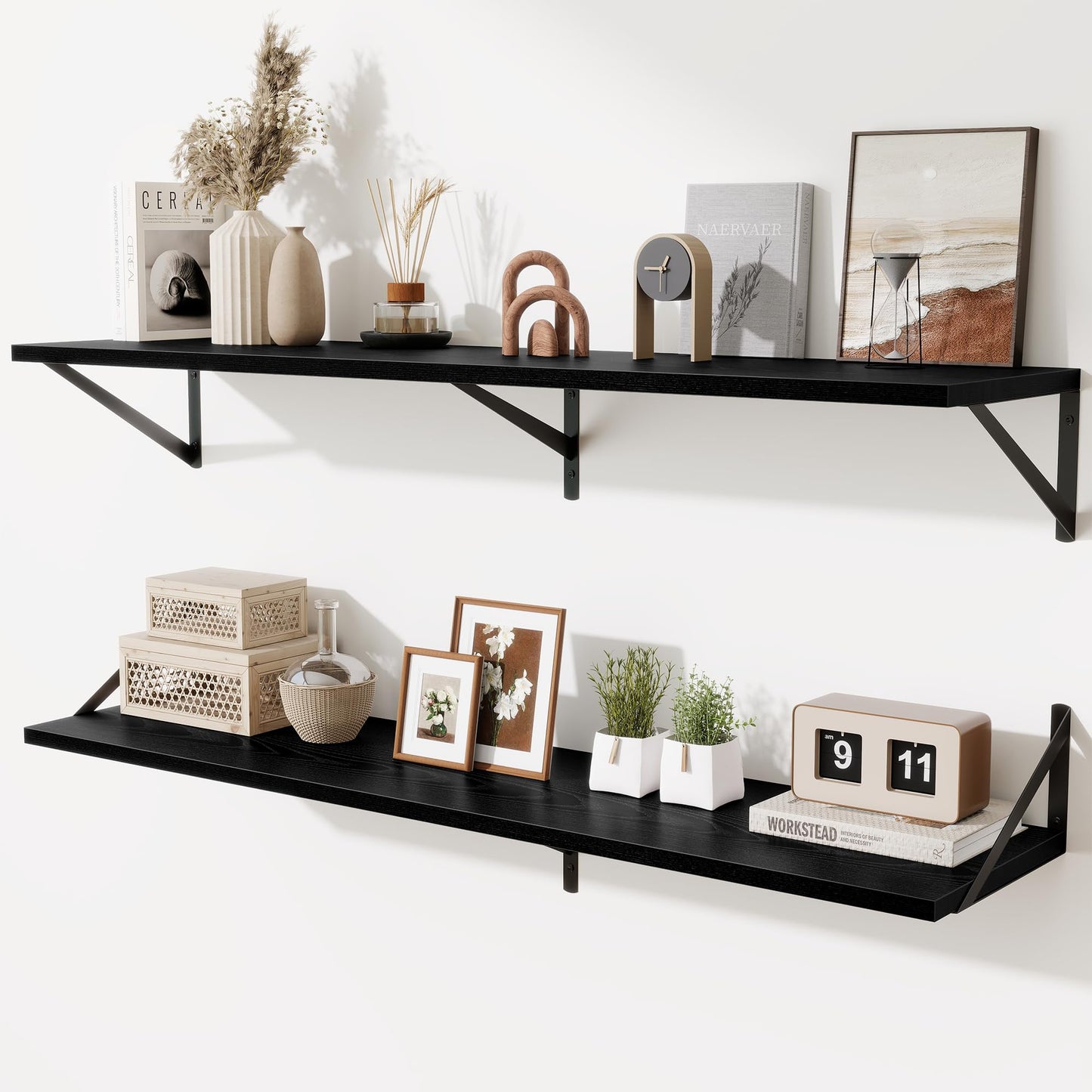 Acovy Deep Floating Shelves Wall Mounted, 36"x12" Brown Wood Shelves with Brackets Set of 2 for Bedroom, Living Room, Bathroom, Kitchen, Office - Storage & Display Shelf for Decor, Books, Plants