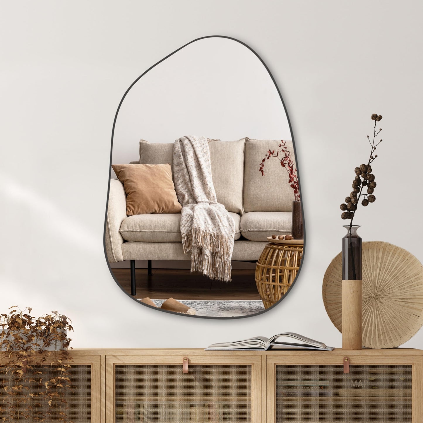 PERFNIQUE Irregular Asymmetrical Wall Mirror, 32"x24" Gold Bathroom Mirror