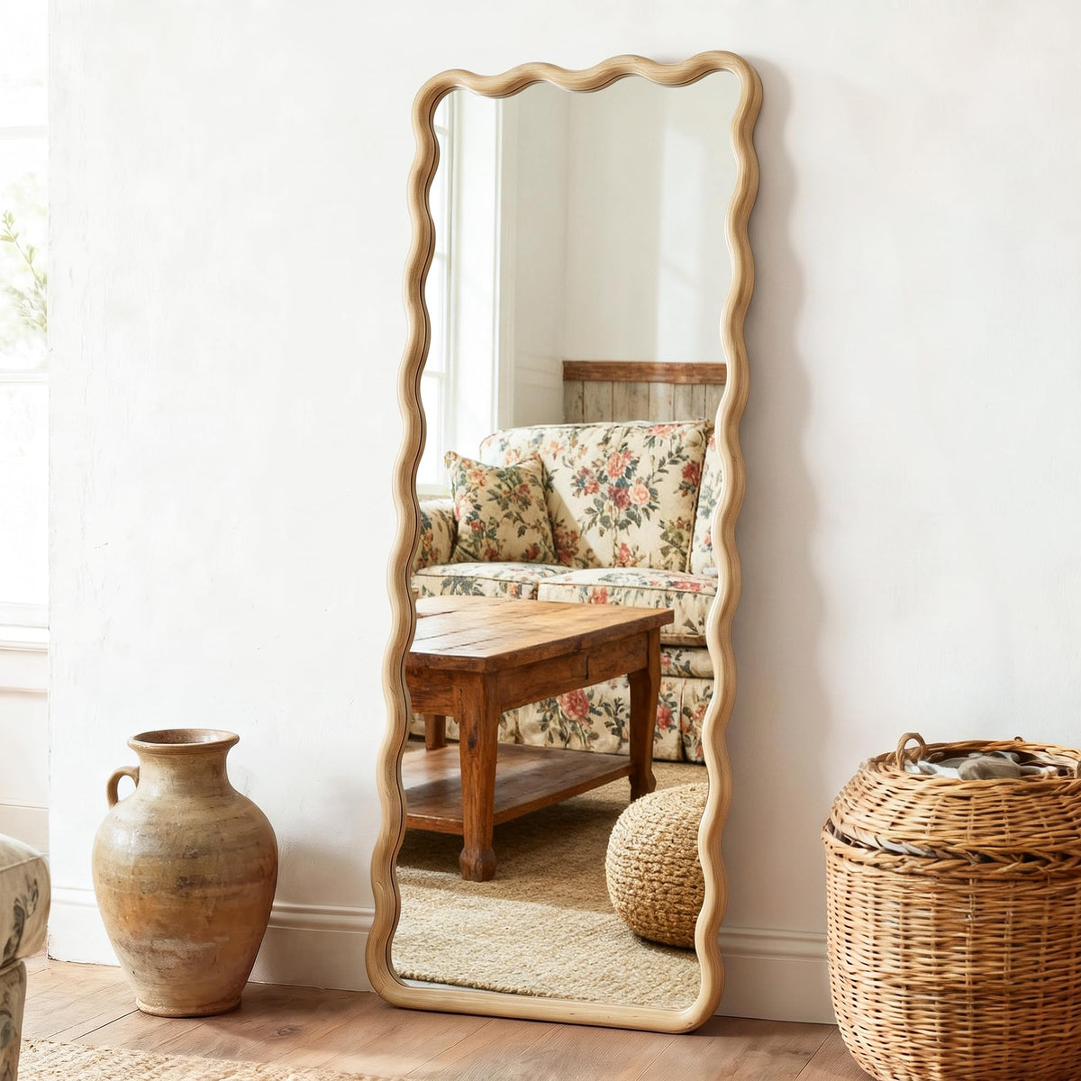 Full Length Mirror, 55”x28” Wavy Wood Floor Mirror for Wall