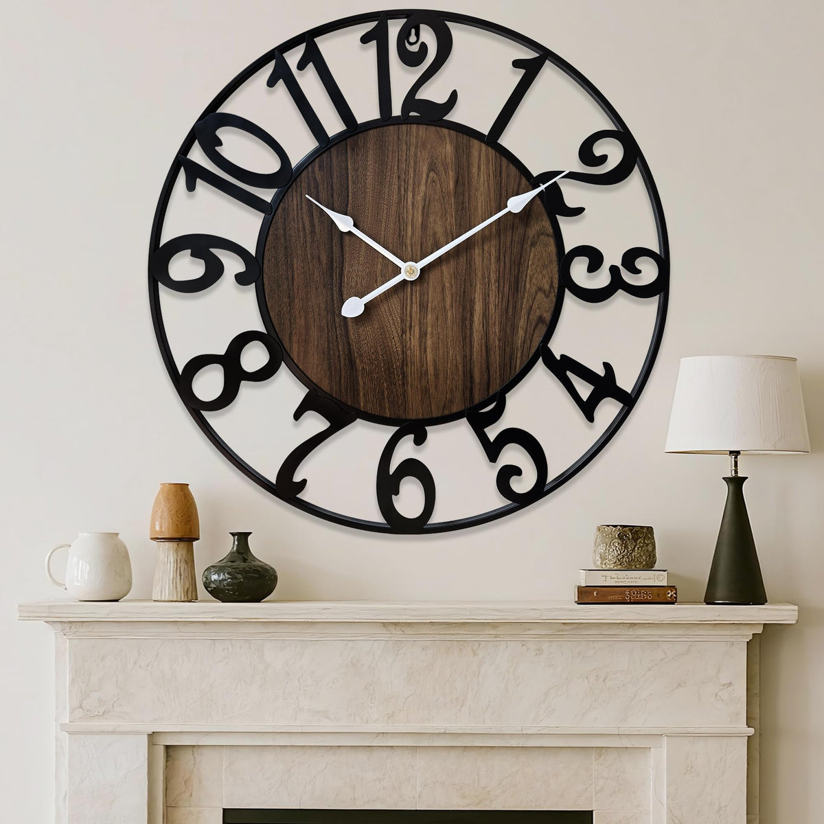 16 Inch Large Wall Clock for Living Room Bedroom Kitchen Mantel Decor, Silent Battery Operated Decorative Non Ticking Metal Round Modern Farmhouse Arabic Numerals Big Clock Wall Decor