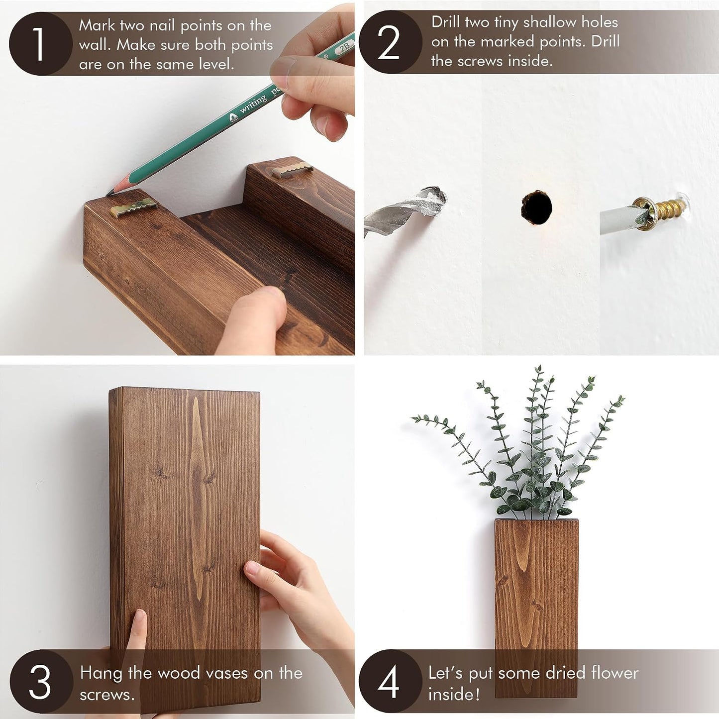 Wood Wall Planter Set of 2, Wood Wall Pocket for Greenery and Dried Flowers, Indoor Hanging Vase, Modern Farmhouse Wall Decor for Living Room Bedroom Office Eucalyptus Stems Decorations (Walnut)
