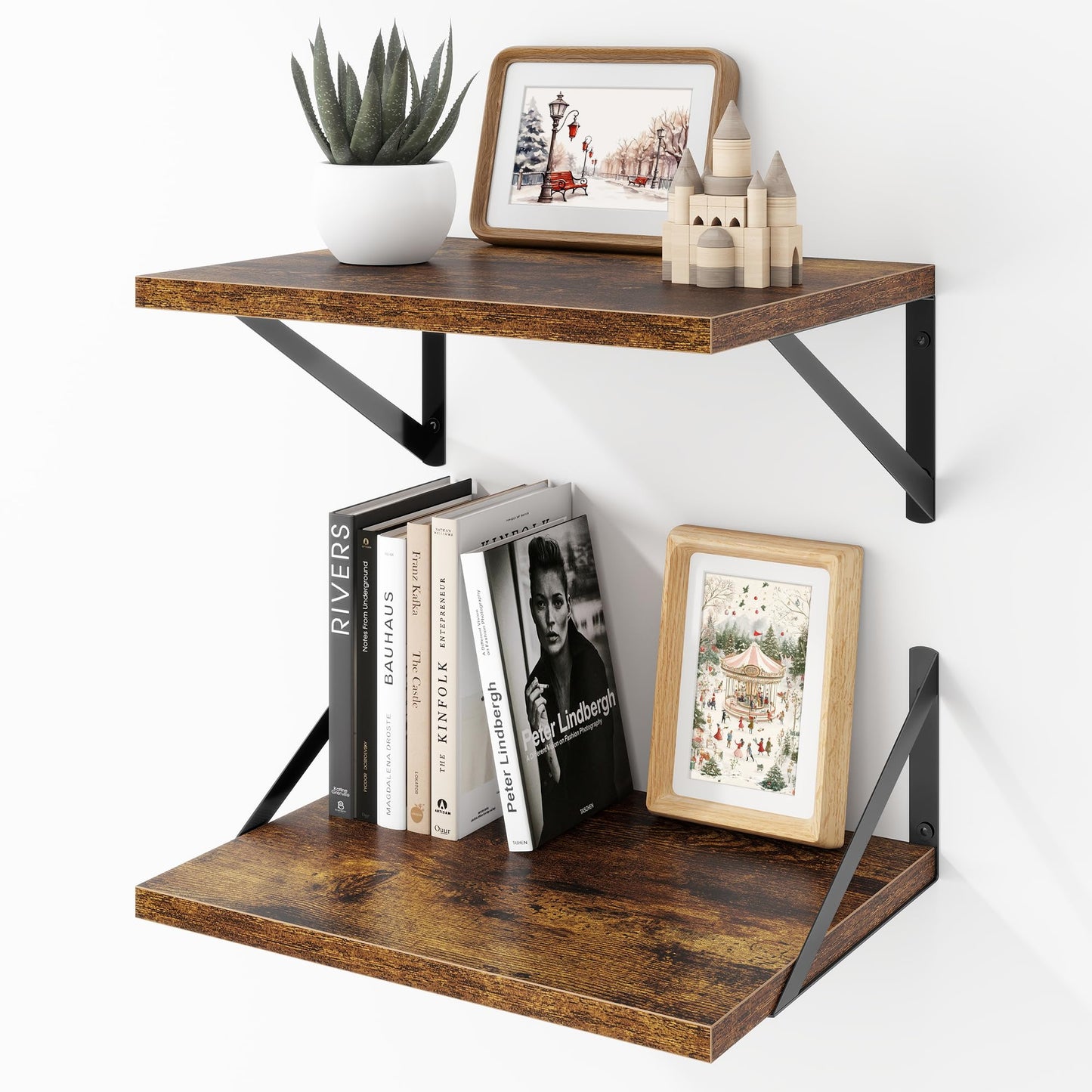 Acovy Deep Floating Shelves Wall Mounted, 36"x12" Brown Wood Shelves with Brackets Set of 2 for Bedroom, Living Room, Bathroom, Kitchen, Office - Storage & Display Shelf for Decor, Books, Plants